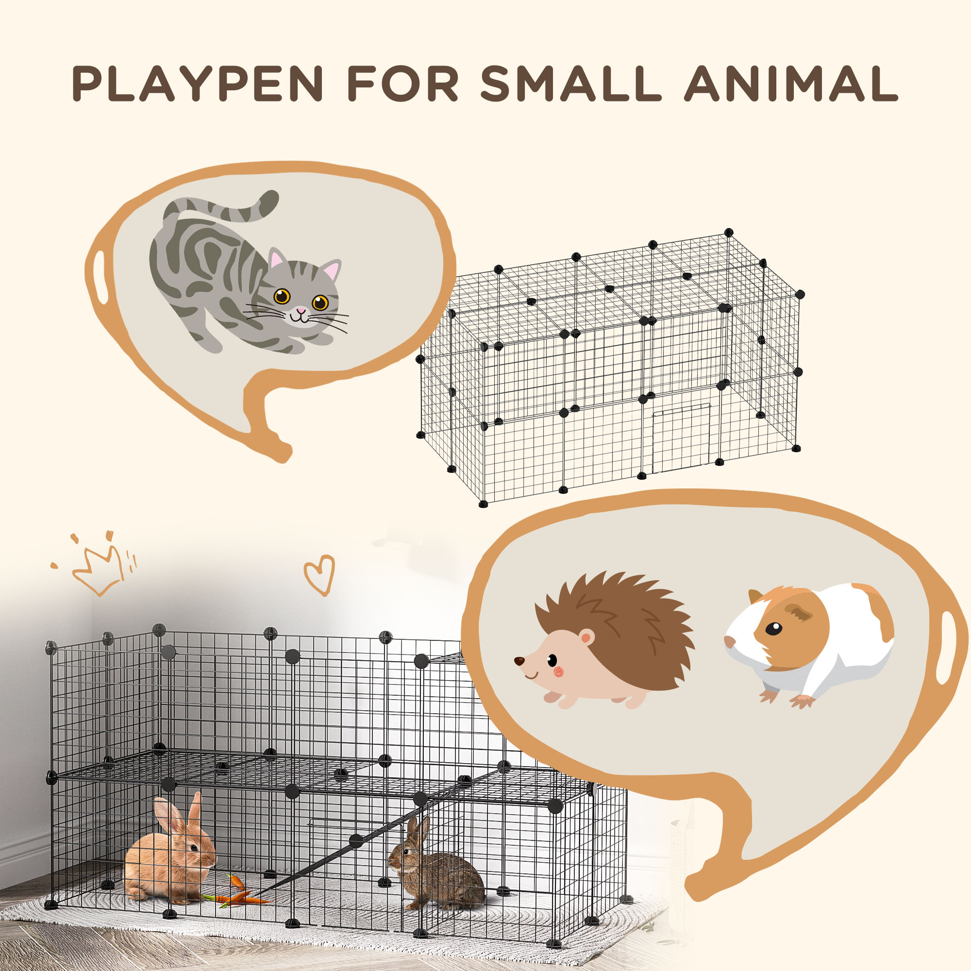 Corral para Animales Pequeños de 36 Paneles con Puerta, Jaula C&C para Armar para Cuyos con Rampa, Recinto de Alambre Metálico Portátil para Conejos y Erizos, 14 x 14 pulg — imagen 2