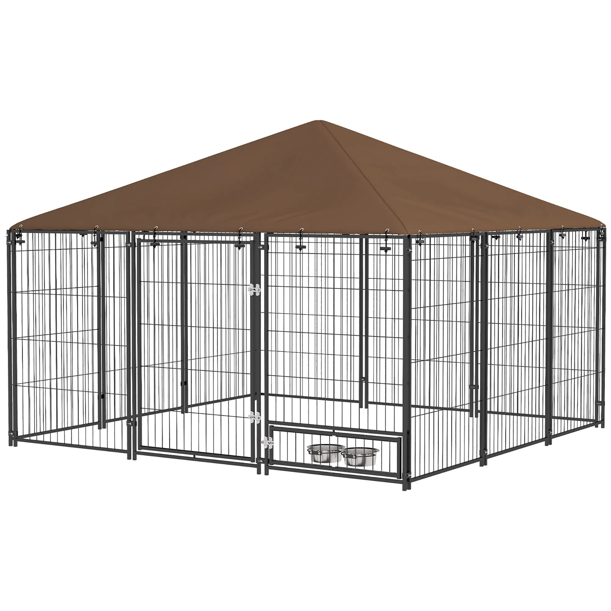 6.9' x 4.6' x 5' Outdoor Dog Kennel with Canopy, Rotating Bowls, Coffee — image 1