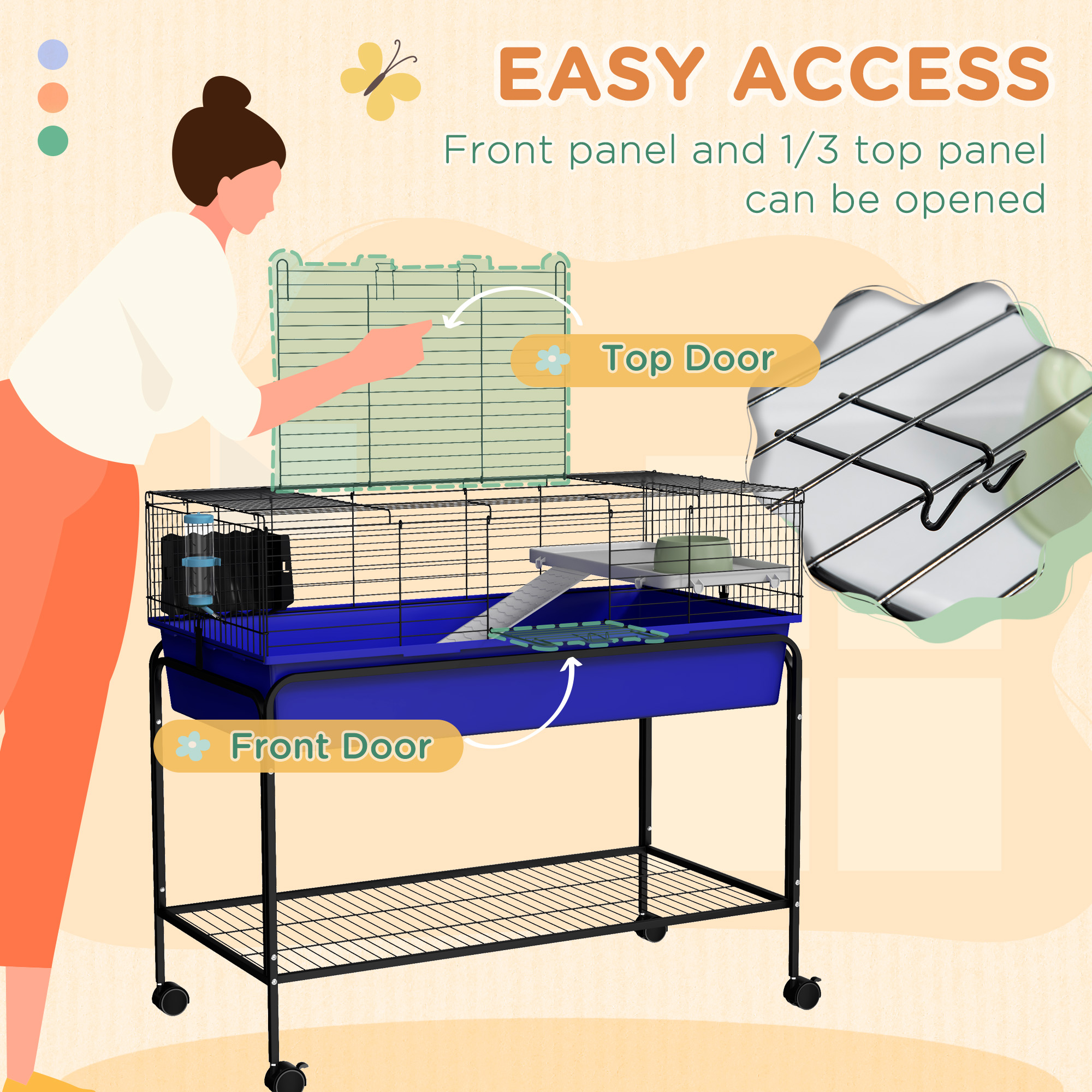 Two-Story Small Animal Cage Removable from Stand, Pet Habitat with Shelf & Wheels, 39" x 20.5" x 36.5", Blue — imagen 7