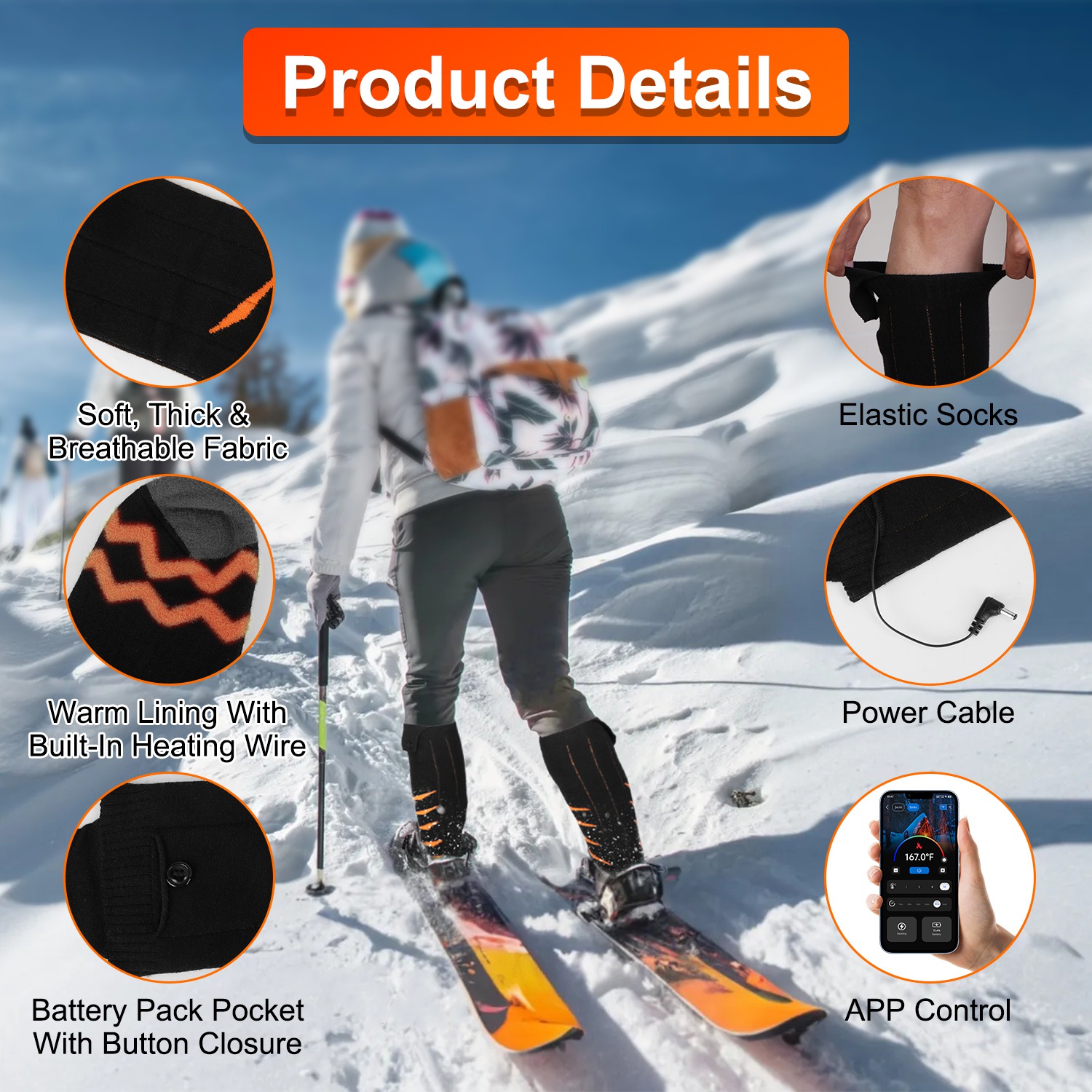 2 Opciones de Tipo - 1 Par de Calcetines Térmicos para Hombre y Mujer, Calcetines Eléctricos Calefactables con Control por APP, Batería Recargable de 5000mAh, Calcetines Térmicos de Invierno para Esquí, Senderismo, Camping y Caza — imagen 7