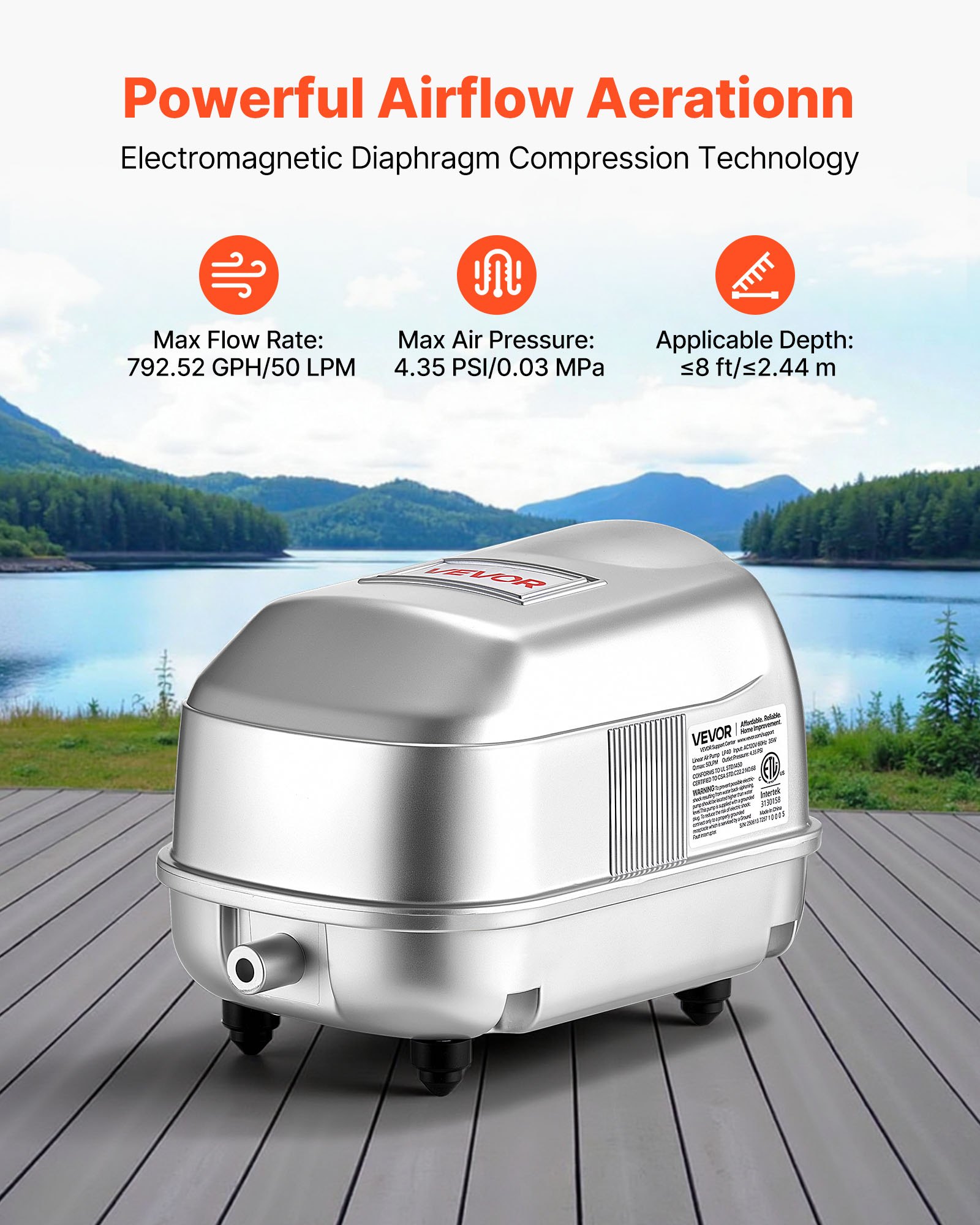 Pompa de Aire Lineal, 792,52 GPH de Flujo de Aire, Acondicionador de Septico, Sistema de Oxigenación para Piscinas Profundas hasta 8 pies, Compatible con Tanques Sépticos, Acuarios, Tratamiento de Residuos, Restaurantes de Mariscos, Granjas de Peces, Hidroponía — imagen 4
