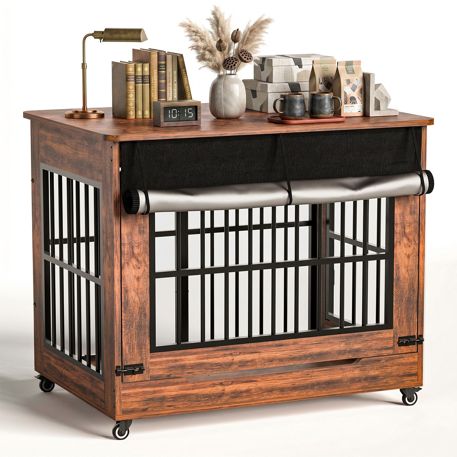 Large Dog Crate Furniture, Double Door Wooden Indoor Dog Kennel Furniture, Decorative Pet Cage End Table With Wheels For Large Breed Dogs, Size XL, Greige — image 22