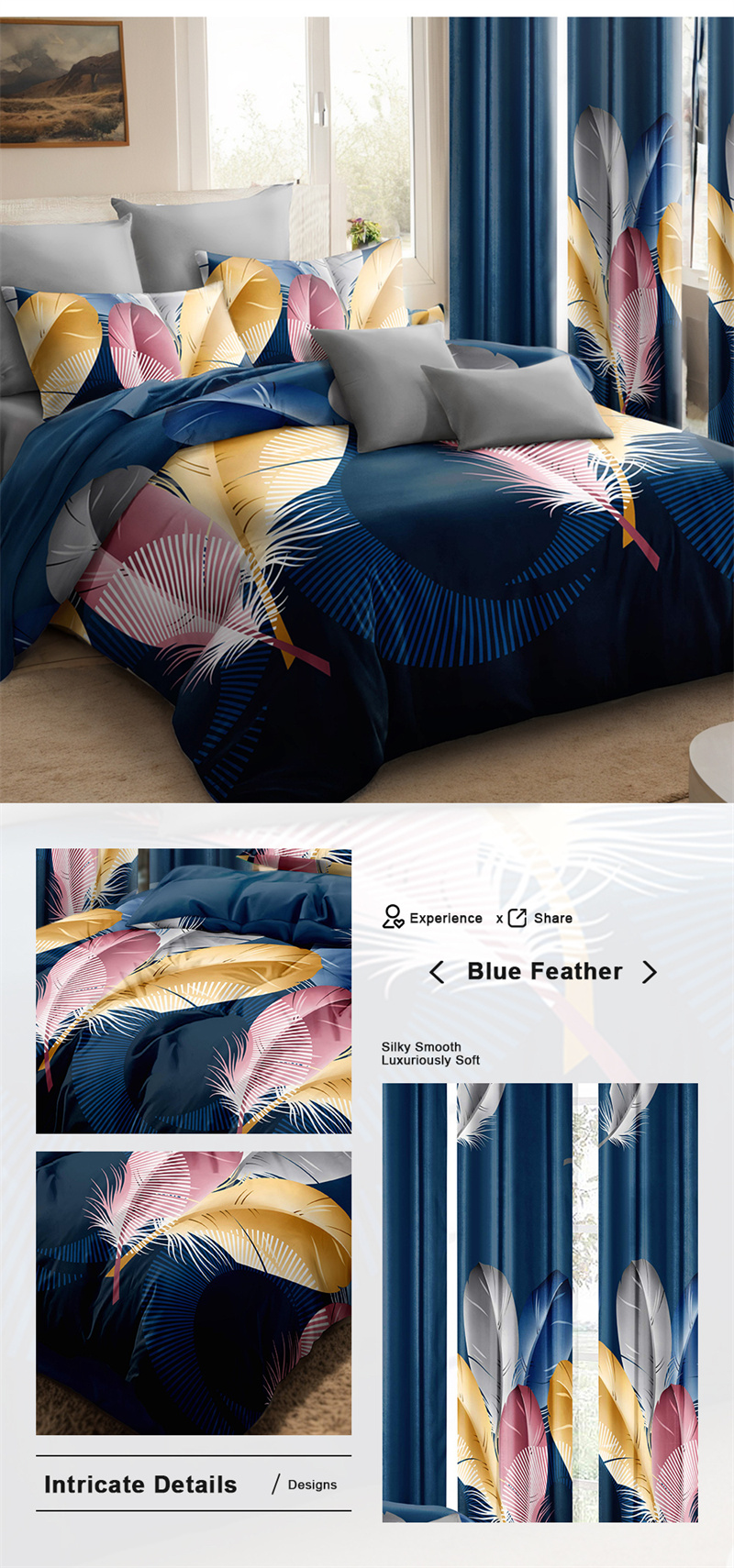 9 Piece Room In A Bag Quilt And Curtain Set, US Designer Navy Blue Boho Feather Print Heavyweight Bedspread With 6 Customizable Window Panels, Pet-Friendly High GSM Coverlet — image 13