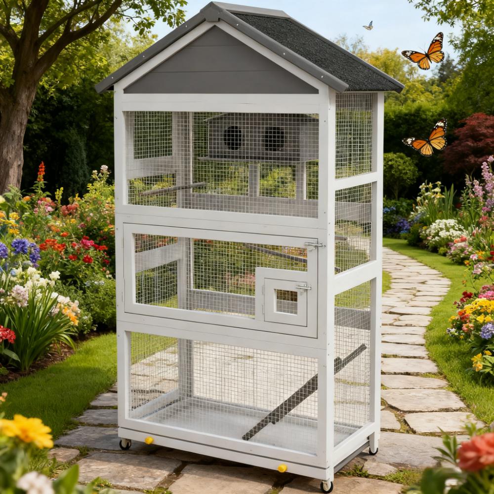 Spacious Bird House, Wooden Bird Aviary with Slide-Out Tray, Birdhouse, Ladder, Perches — image 6