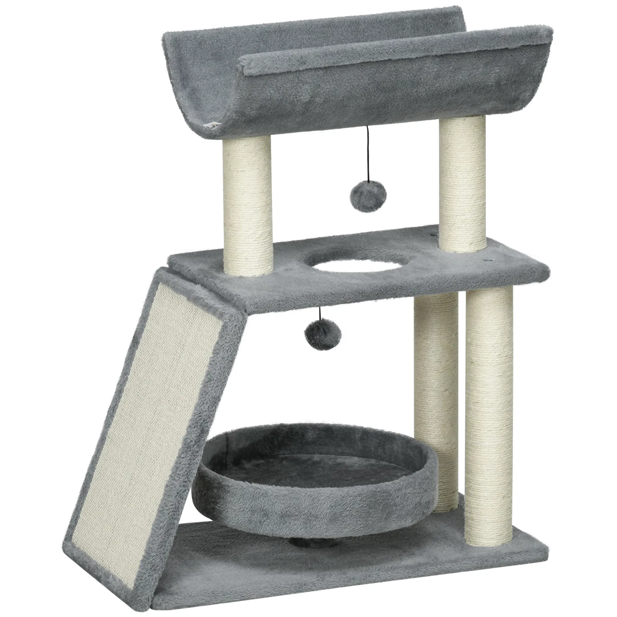 Small Cat Tree with Perch, Scratching Posts, Pad, Bed, Toy Balls, Light Grey — image 1