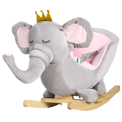 Qaba Baby Rocking Horse Elephant Rocking Chair Toddler Rocker Toy With Sound Wooden Base Seat Safety Belt For 1.5-3 Year Old, Gray — imagen 6