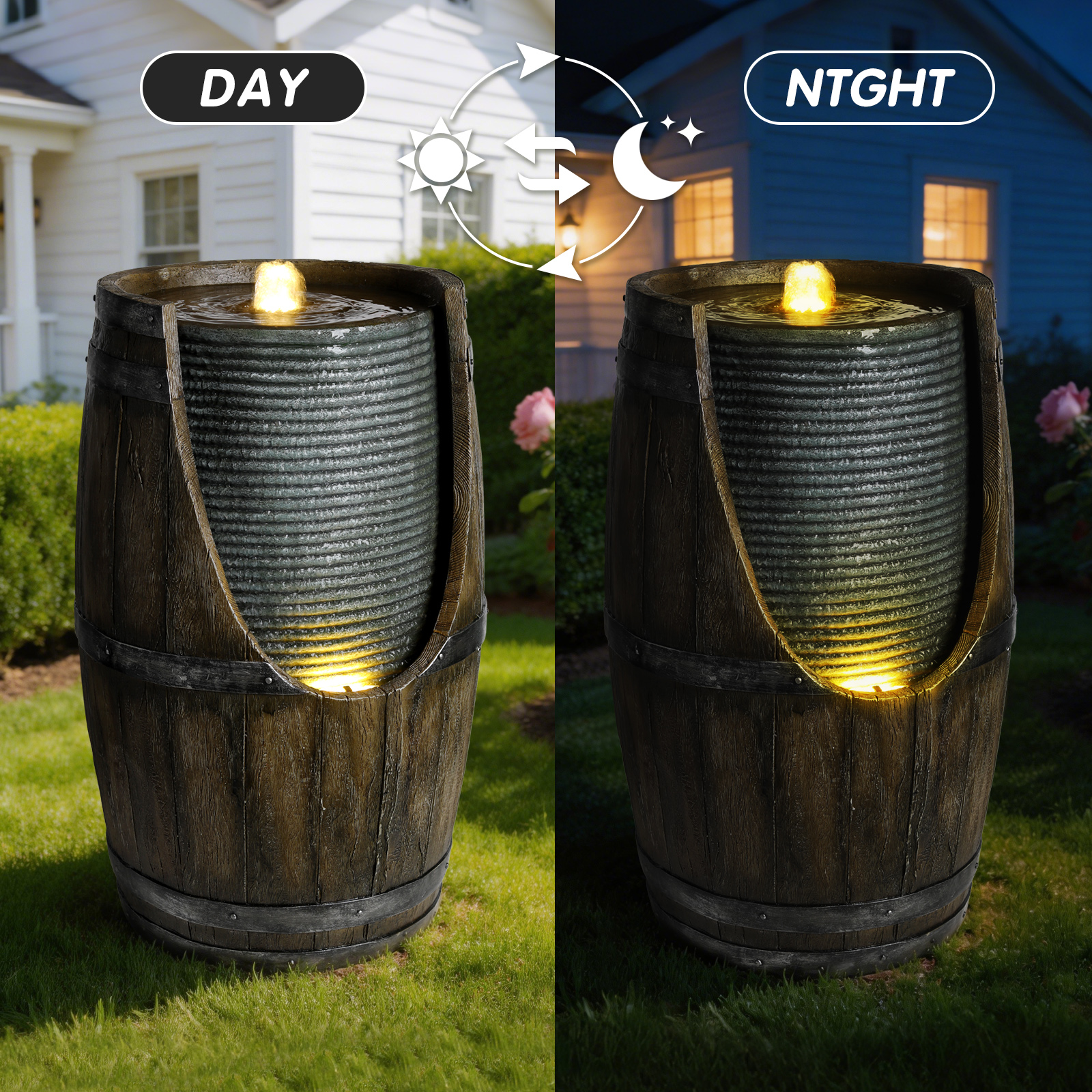 Fuente de Agua para Jardín con Bebedero para Pájaros, Barril Rustico con Luces LED y Bomba, Característica de Madera Falsa en Resina para Patio, Jardín o Porche — imagen 11