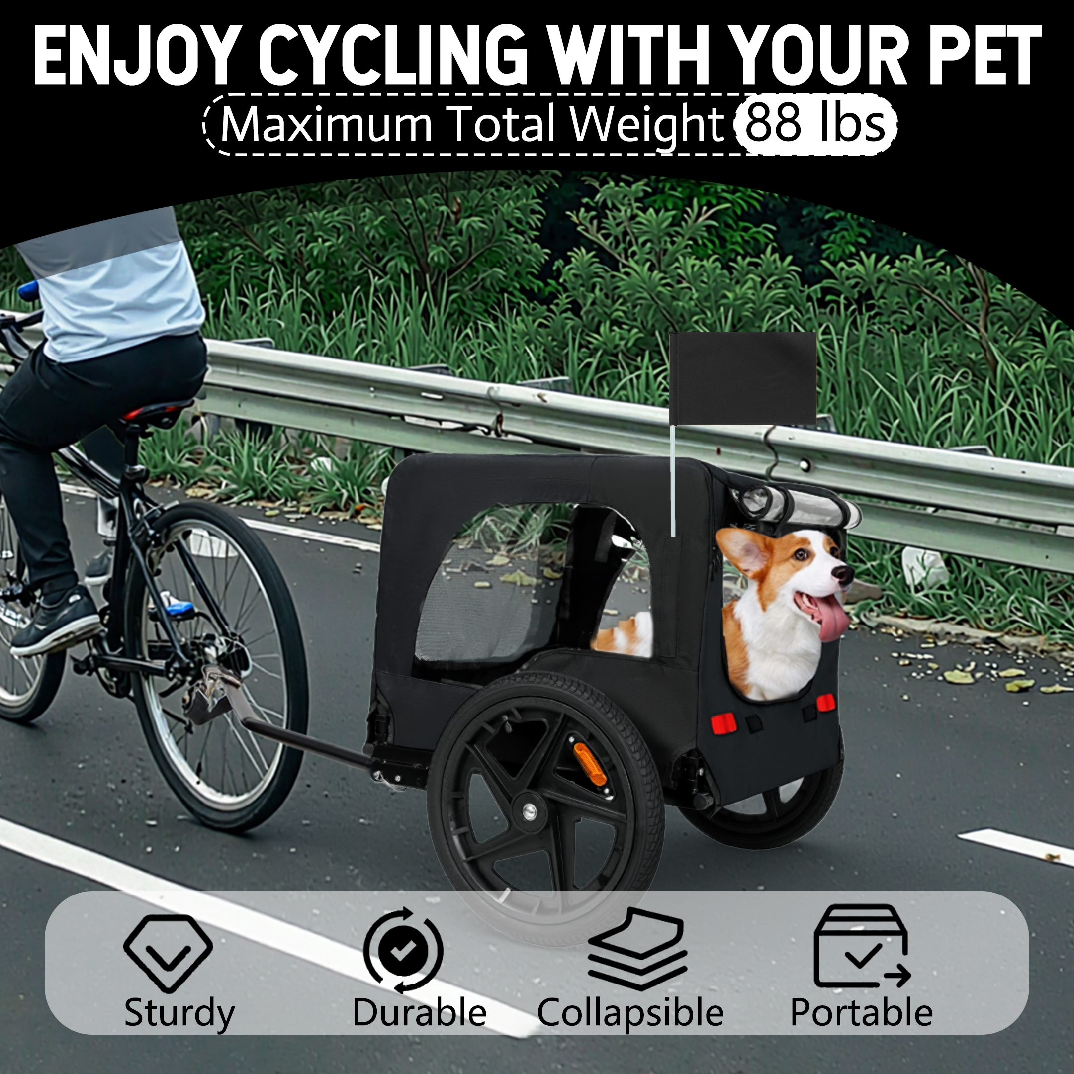 Outdoor Heavy Duty Collapsible Pet Bike Trailer With 16-Inch All-Terrain Wheels & Universal Hitch - Foldable Dog Cargo Carrier Cart For Bicycles, Black — image 4