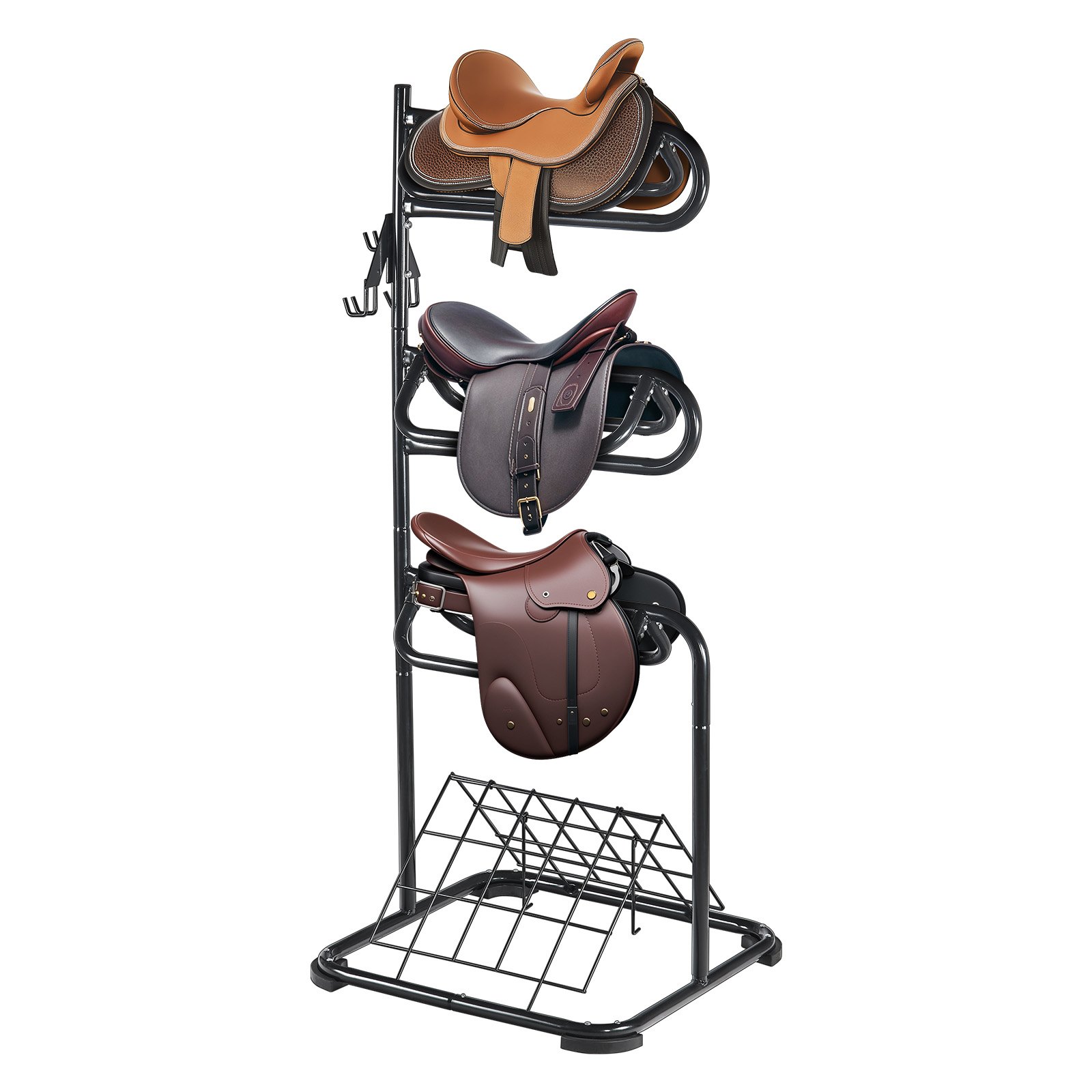 Estante de Silla Libre, 30 x 30 x 68.5 Pulgadas, 3 Niveles para Organizar Sillas de Equitación con Soporte de Manta y Ejes Rotativos
