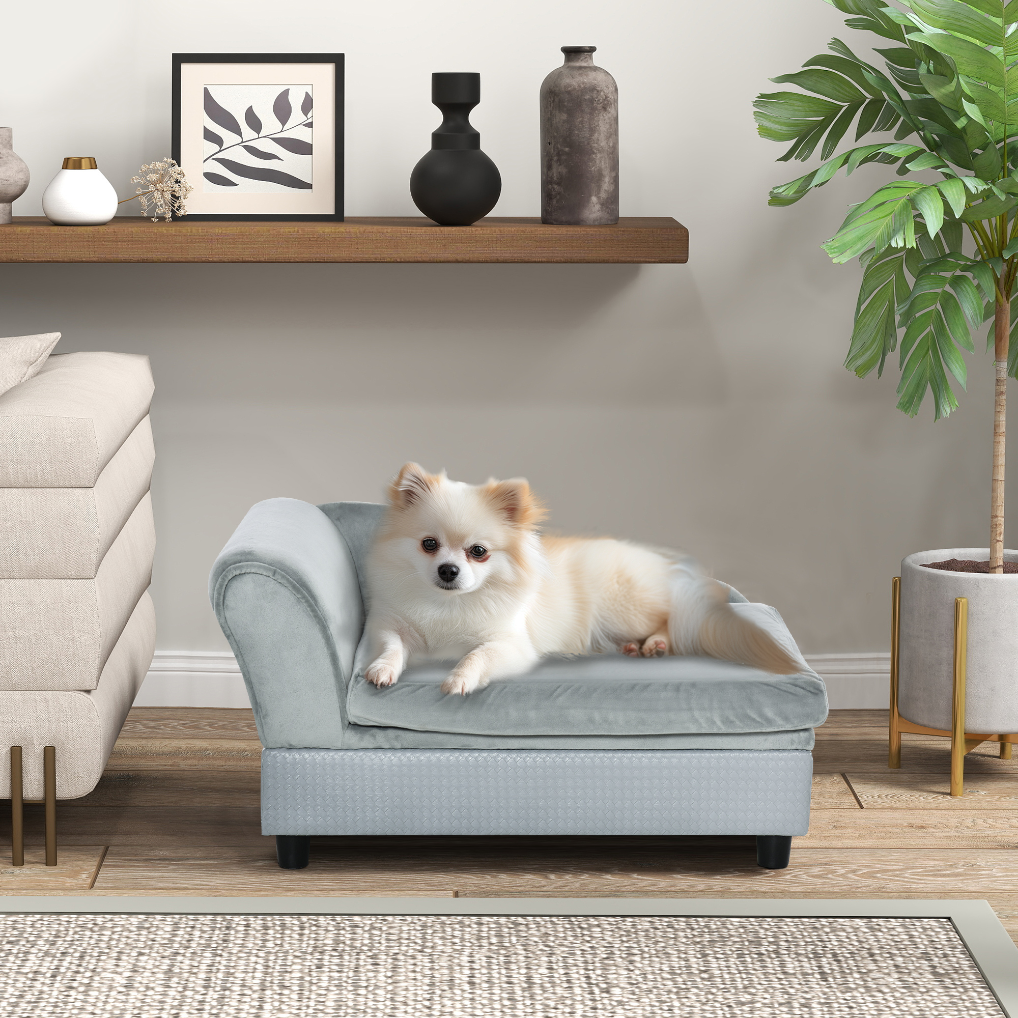 Sofá de Perro Elegante con Almacenamiento Oculto, Cama para Pequeños Canes con Espuma Suave 2", Muebles Modernos para Mascotas de Puppies y Razas Pequeñas, Gris Pálido — imagen 2