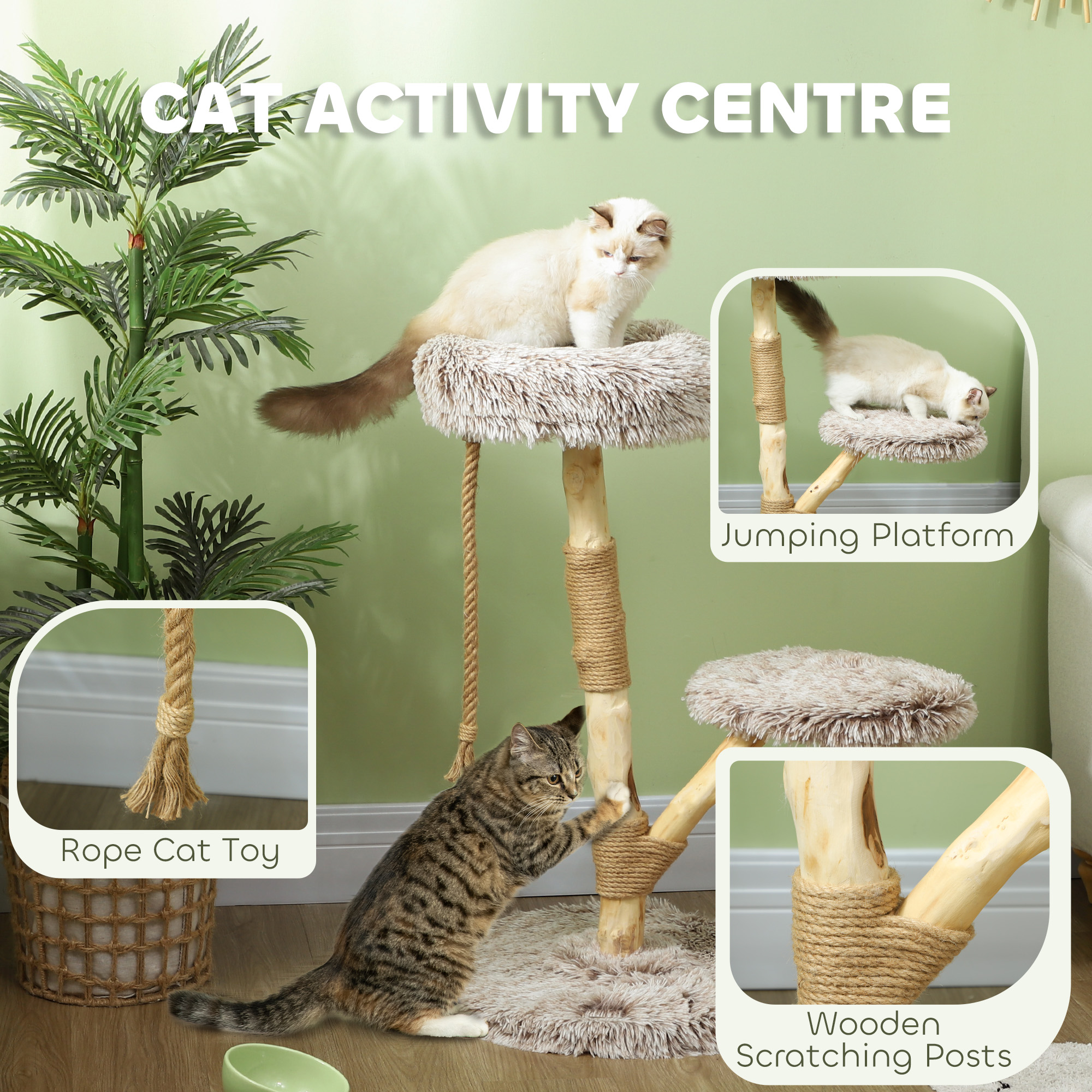 Modern Cat Tree For Indoor Adult Cats With Wooden Scratching Posts, Cat Bed & Rope Cat Toy, Brown — imagen 3