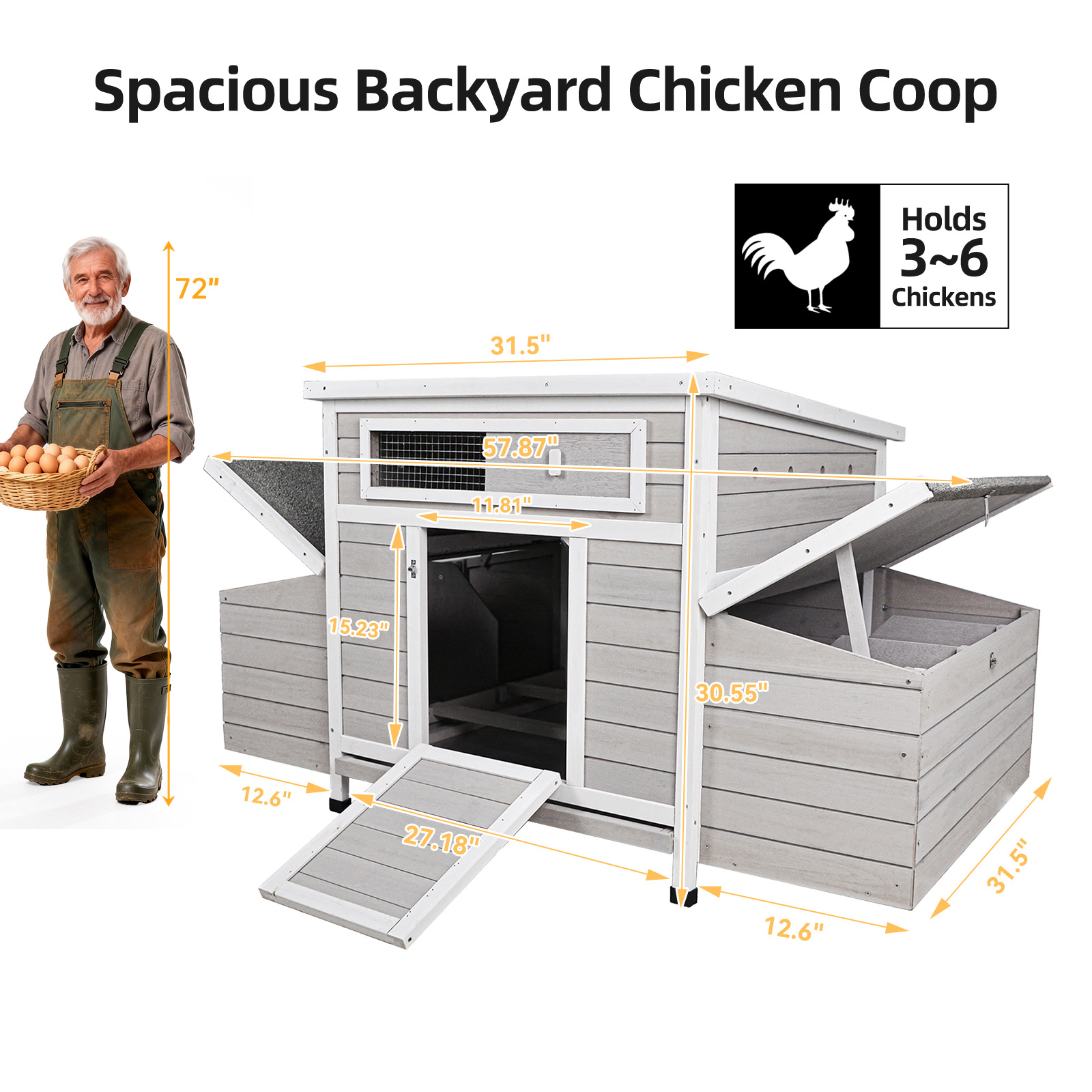 Large Wooden Chicken Coop Outdoor Hen House Poultry Cage For Outdoor With 2 Sides Nesting Boxes — imagen 3