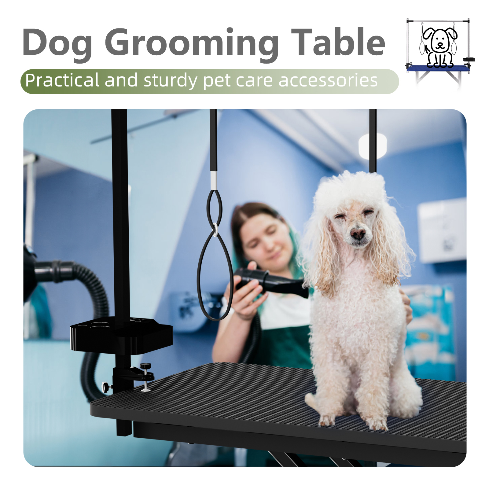 Mesa de aseo grande para perros de 47" en negro, mesa de aseo plegable X-Lift para perros en casa, brazos de altura ajustable, estación para mascotas con lazos de sujeción, organizador de herramientas — imagen 5