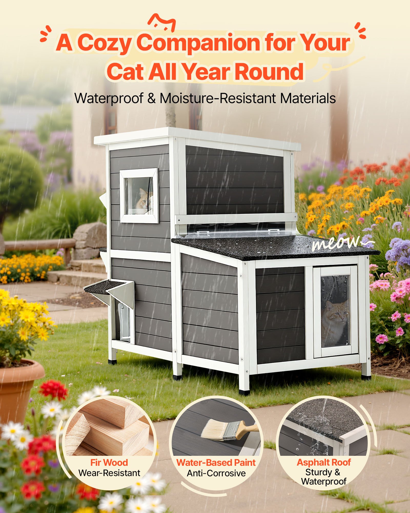 Casa de Perro al Aire Libre 2 Niveles, Refugio de Madera para 3 Gatos Exteriores en Invierno, Alcoba con Escaleras para Gatos Ferales con Ventanas Claro y Puertas de Velo, Condominios de Gatos Impermeables para Jardín 42 × 25 × 34 Pulgadas — imagen 3