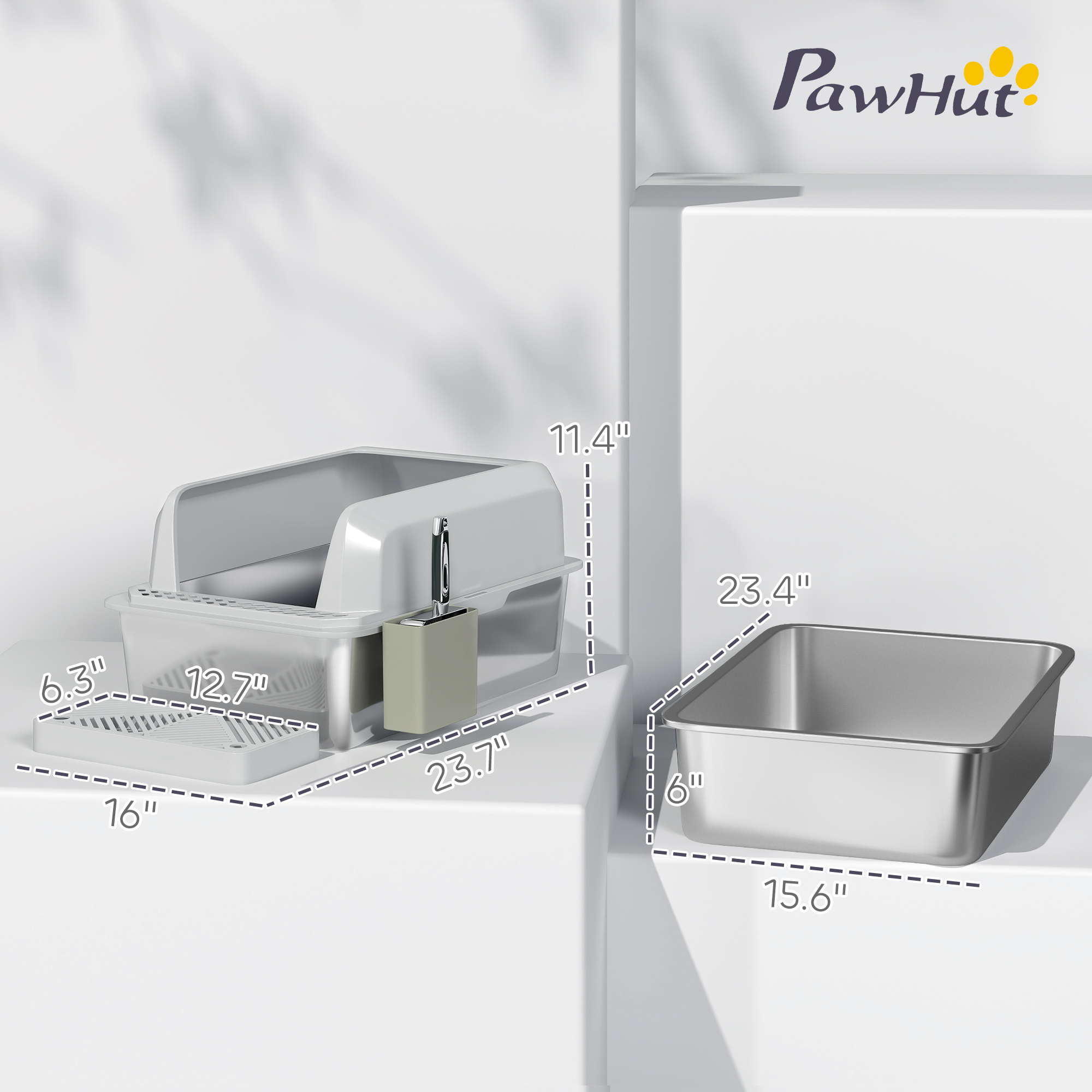 Caja de Arena Estilo Acero Inoxidable con Cuchara y Soporte, Altas Pareces, Prevención de Derrames Urinarios, Anti-Resbalón — imagen 7