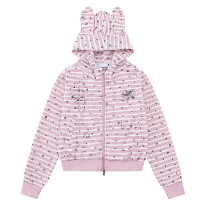 Pink and white striped star rabbit ear hooded cardigan — image 5