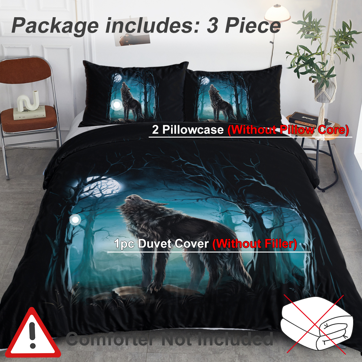 Moon Wolf Bedding Green Watercolor Forest Wolf Landscape Duvet Cover Sets 3 Pieces Wild Animal Bedding Set Twin Full Queen King Size — image 12