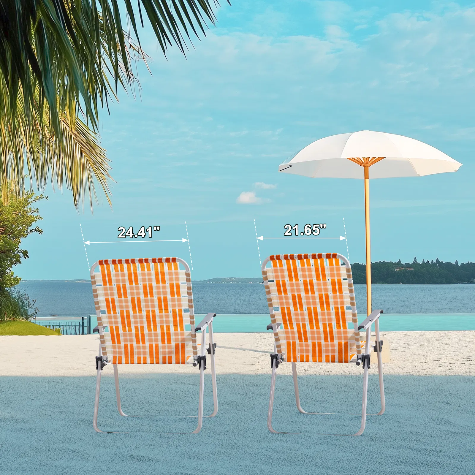 Set of 2 Webbed Folding Beach Chairs, Outdoor Patio Lawn Foldable Chairs for Camping Fishing Yard Poolside BBQ, Orange & White — image 11