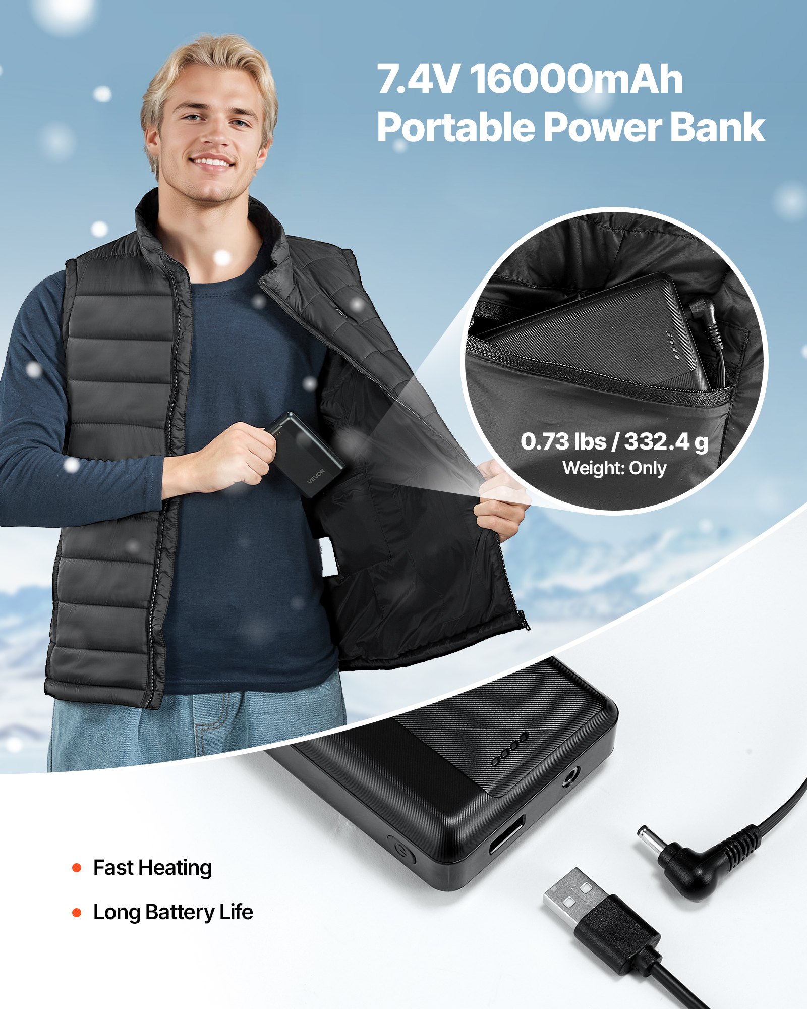 Heated Vest, Men Electric Heating Vest With 16000 MAh Battery Pack, 8 Heating Zones Lightweight Rechargeable Winter-Vest With 3 Levels, For Outdoor Hiking Camping Fishing Skiing, Size M — imagen 3