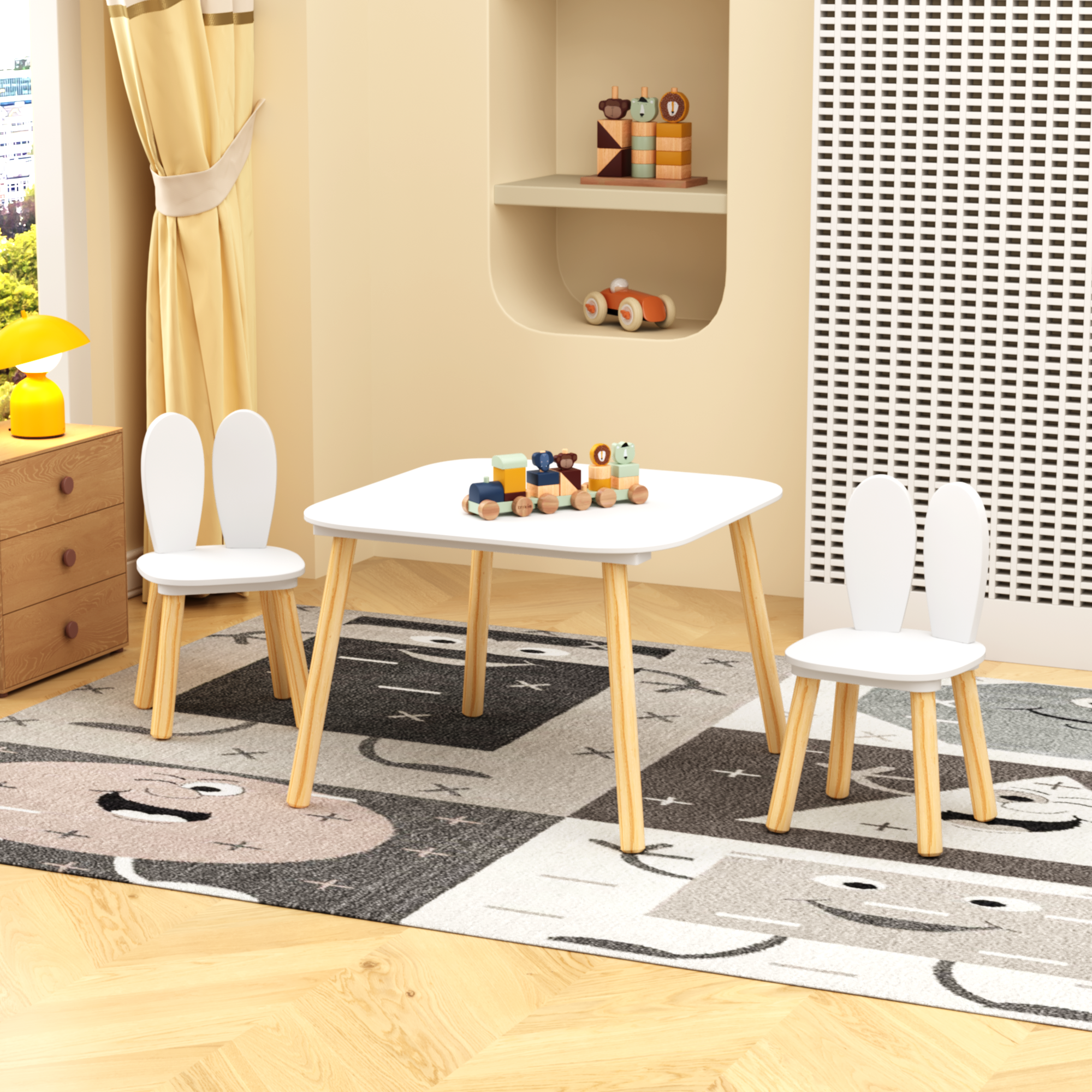 Conjunto de Mesa y 2 Sillas para Niños, 3 Piezas - Mesa Temática Conejo para Bebés con Sillas de Orejas de Conejo, Mueble de Actividad para Pequeños en Madera Toda, Pintura Blanca — imagen 3
