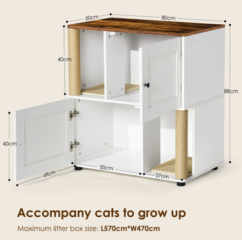 Caja de Limpieza de Gatos Doble con Encierro, Caja de Limpieza para 2 Gatos con Escalera y Estante, Armario para Gatos con Dos Cajas de Arena, Color Blanco Clásico — imagen 10