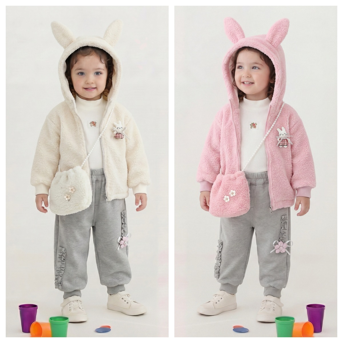 Girls' Floral Rabbit Print Fleece Lined Winter Three-Piece Set — image 1