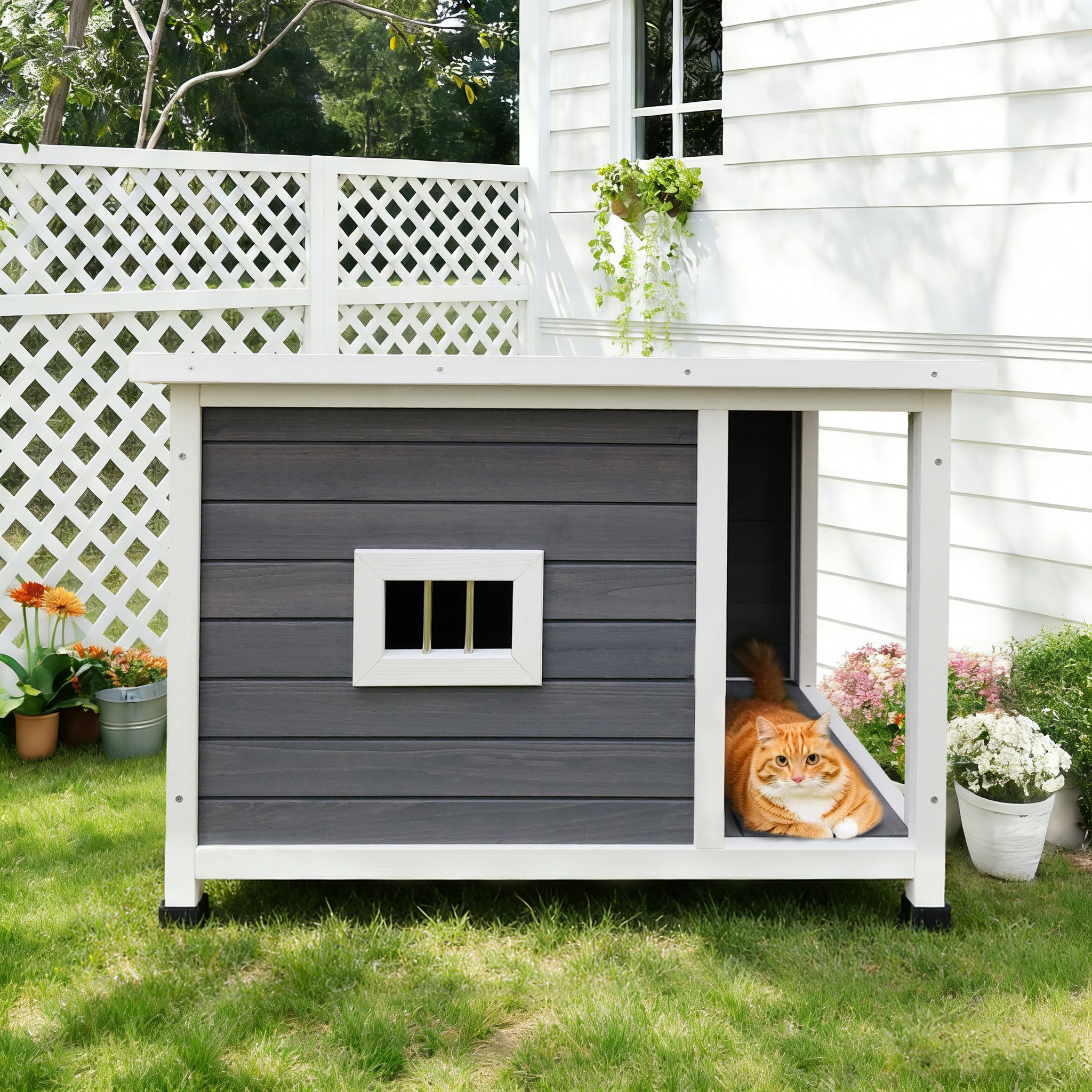 Casa de Gato Exterior Gris con Techo Impermeable, Ventanas Ventiladas y Soporte Metálico Resistente - Un Albergue Espacioso y Elegante para Mascotas — imagen 3