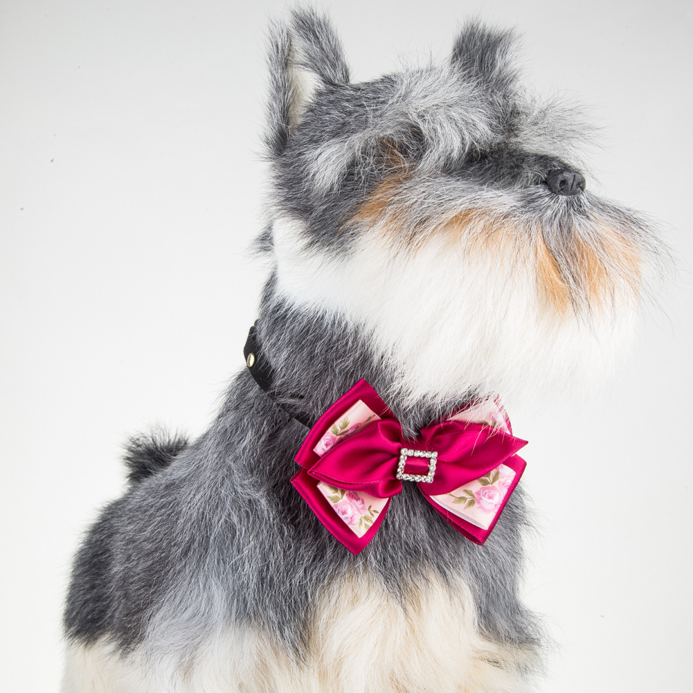 Sewn Pink Floral Bow Diamond Pet Bow Tie Dog Cat Bow Tie Adjustable Collar — image 1