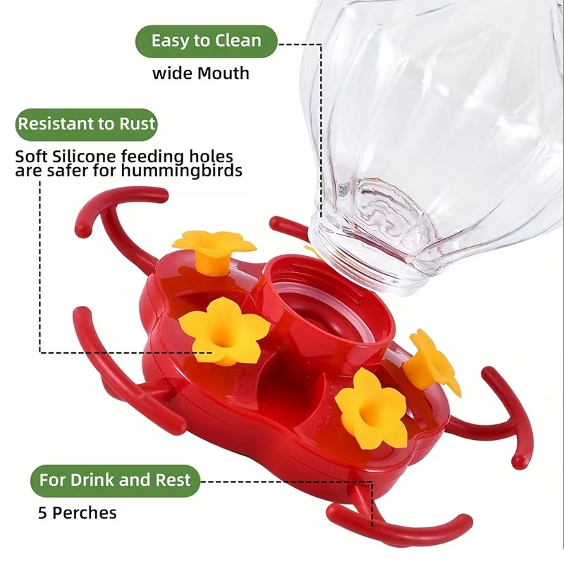 Hanging Hummingbird Feeder – 5 Flower Ports with Perches, Outdoor Garden Bird Water Dispenser — image 6