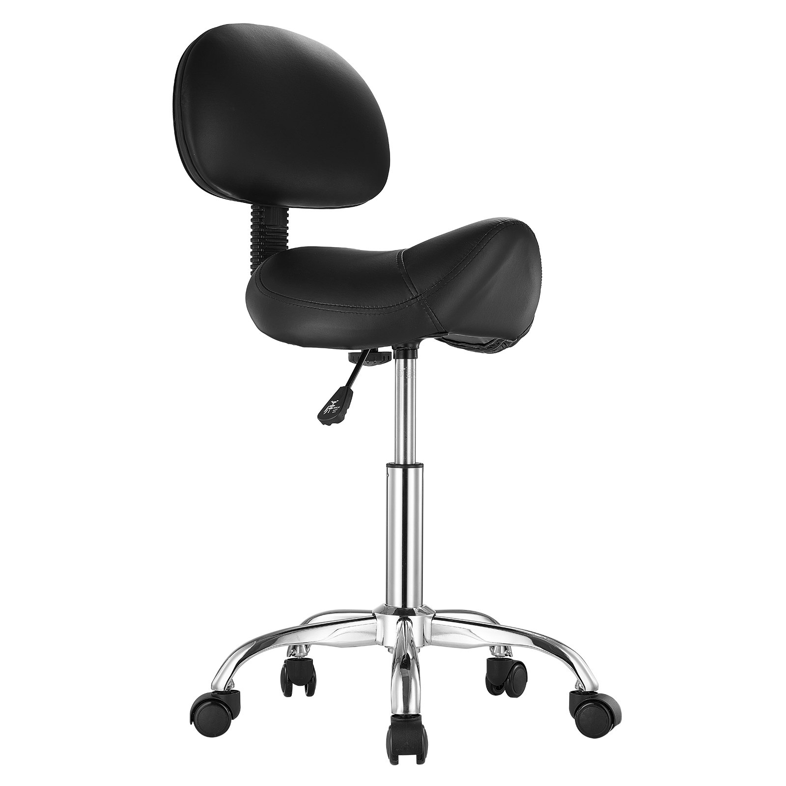 Silla de Montar con Soporte Lumbal y Ruedas, 450 lbs Capacidad de Peso, Silla Rodante Ergonómica con Ajuste de Altura, Asiento Espeso en Cuero PU para Salón, Spa, Masaje, Tatuaje, Negro