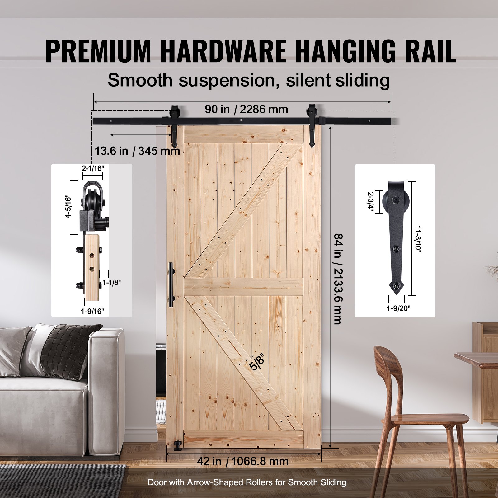 Barn Door And Hardware Kit, 42" X 84" Wood Sliding Barn Door, Smoothly And Quietly, Barn Door Kit With 8-in-1 Floor Guide And Door Handle, Spruce Wood Panelled Slab, Easy To Install — imagen 3