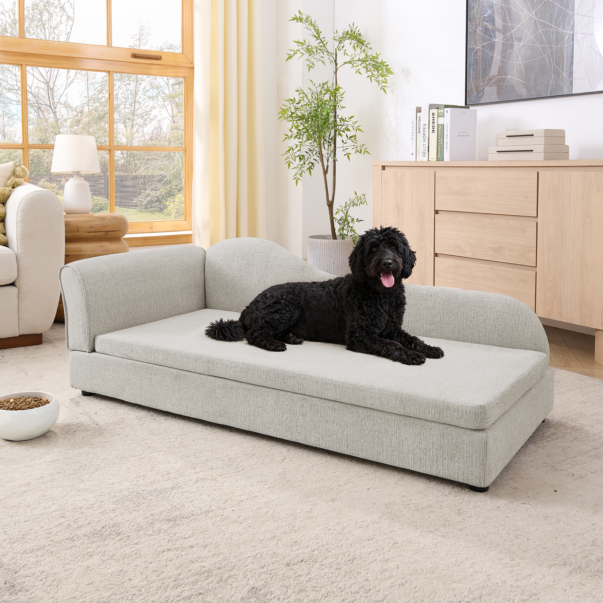 Silla de Descanso para Perros Grandes - Espalda Onda Irregular Moderna, Un Brazo, Tela de Lino Transpirable y Rebotones Suaves - Beige — imagen 3