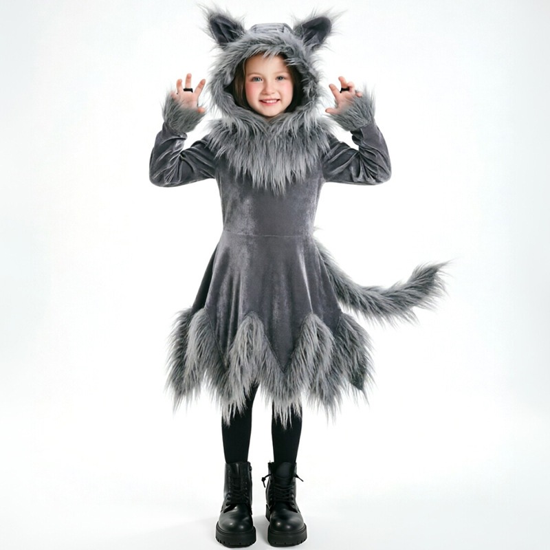 Family Wolf Costume Dress for Adults and Kids, Gray Werewolf Cosplay Outfit for Halloween Stage Animal Performance — image 7