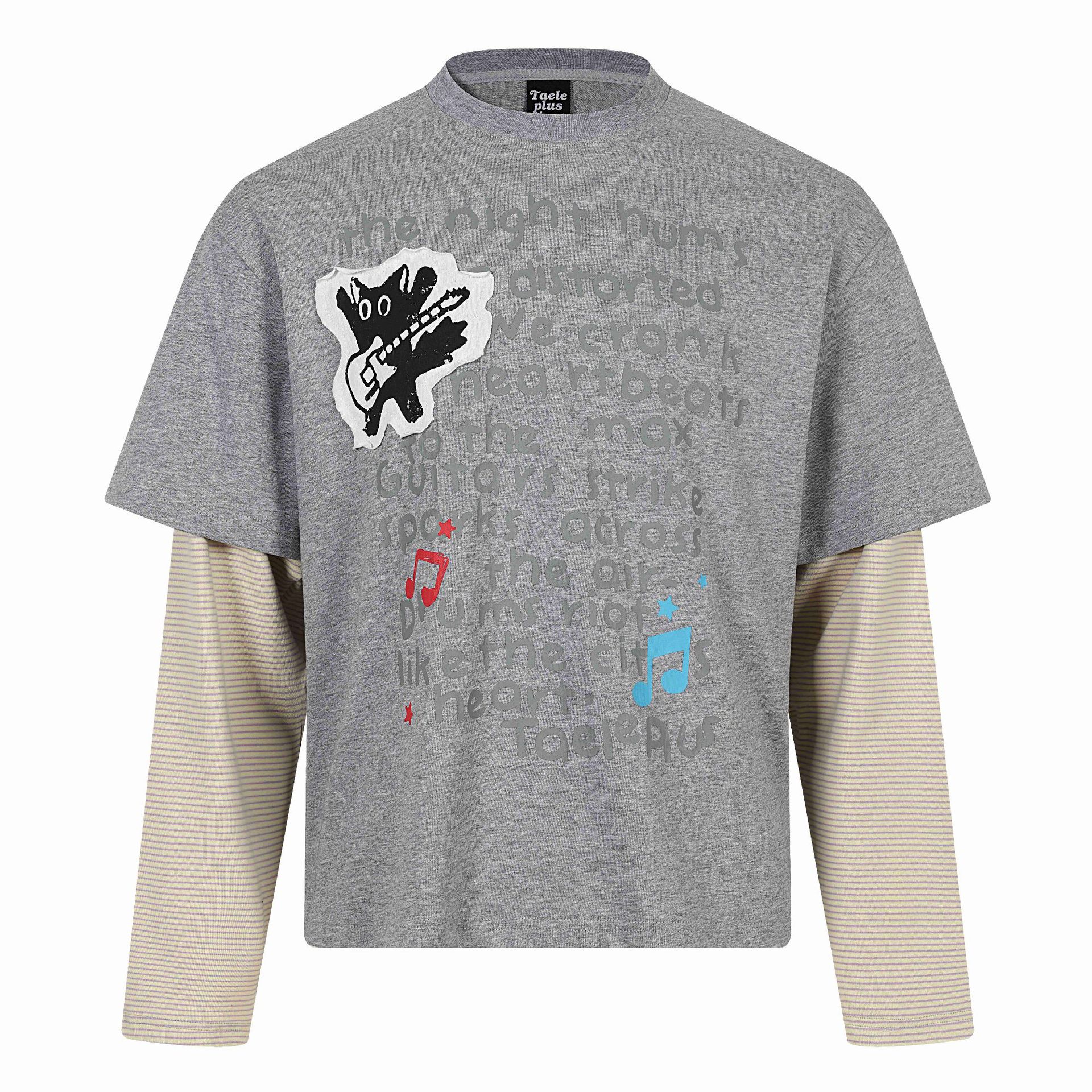 Cat Letter Print Long Sleeve Round Neck Faux Two-Piece T-Shirt — image 2