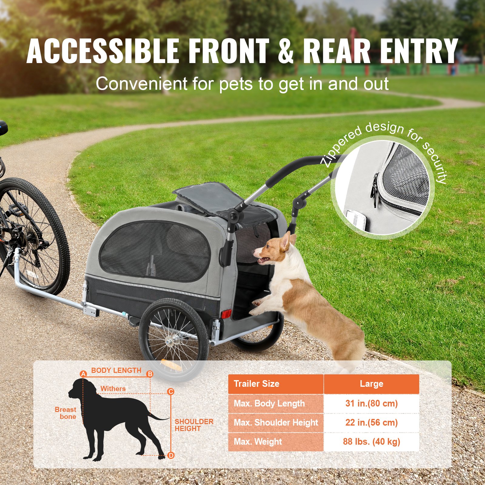 Dog Bike Trailer, Supports Up To 88 Lbs, 2-in-1 Pet Stroller Cart Bicycle Carrier, Easy Folding Cart Frame With Quick Release Wheels, Universal Bicycle Coupler, Reflectors, Flag, Black/Gray — image 2