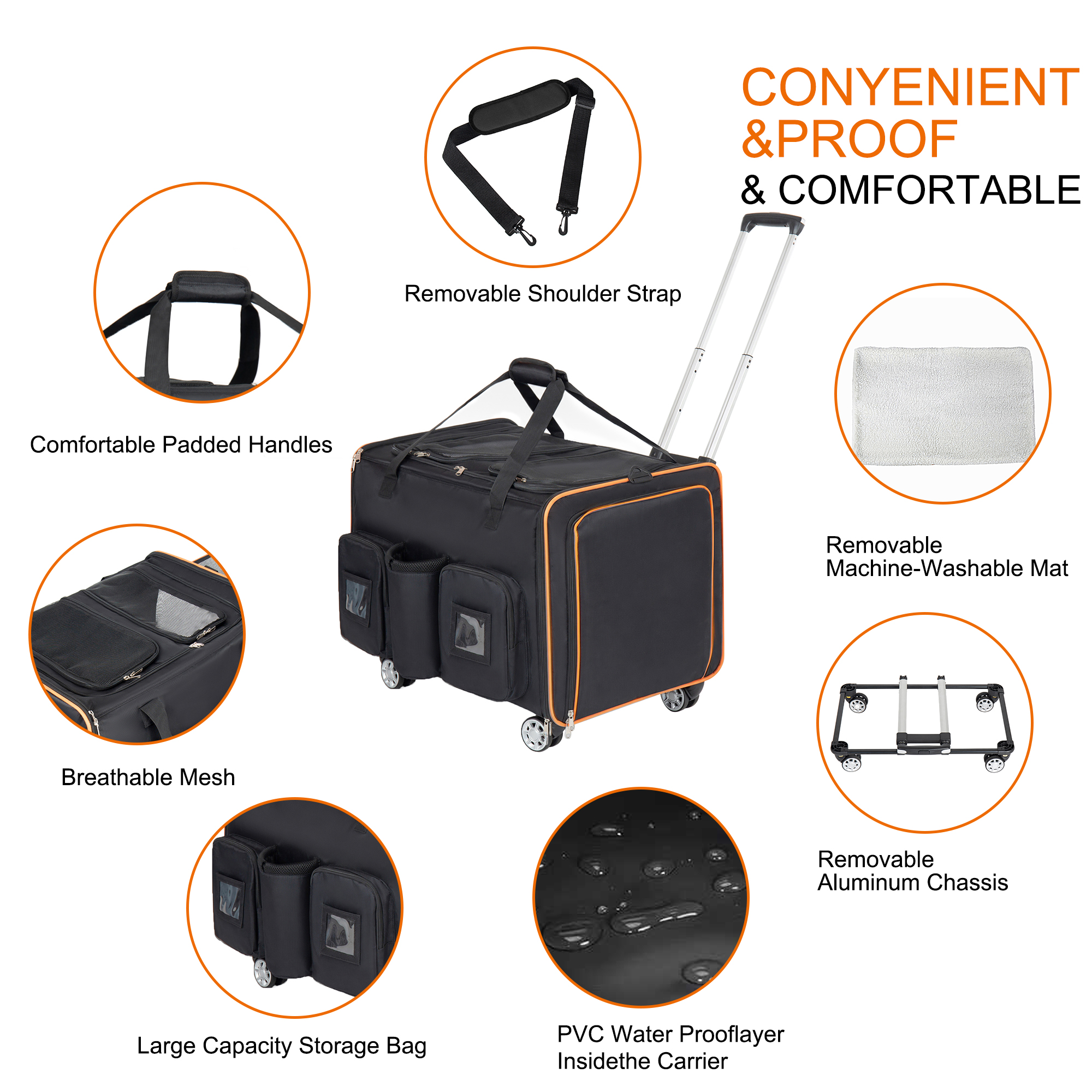 Transportadora Grande 2 en 1 para Gatos para 2 Gatos, Transportadora con Ruedas, Expandible y Plegable con Divisor Removible, Malla Transpirable de Oxford, Jaula de Viaje para Gatos para Auto/Campamento/Veterinario, Negro — imagen 2