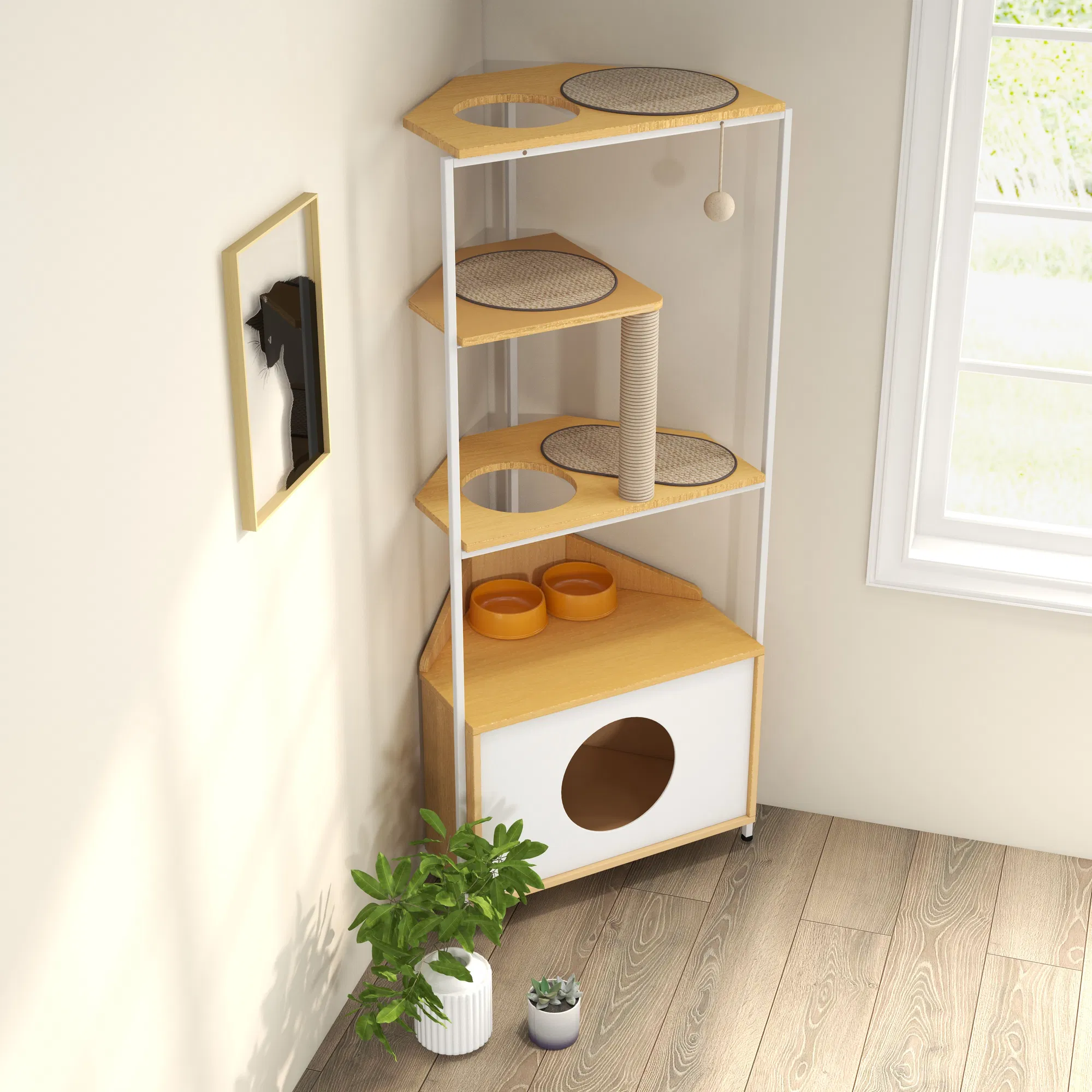 Corner Cat Tower, Cat Tree with Scratching Post, Cat Condo with Feeding Station and Climbing Platforms, Pet Furniture for Indoor Cats — image 20