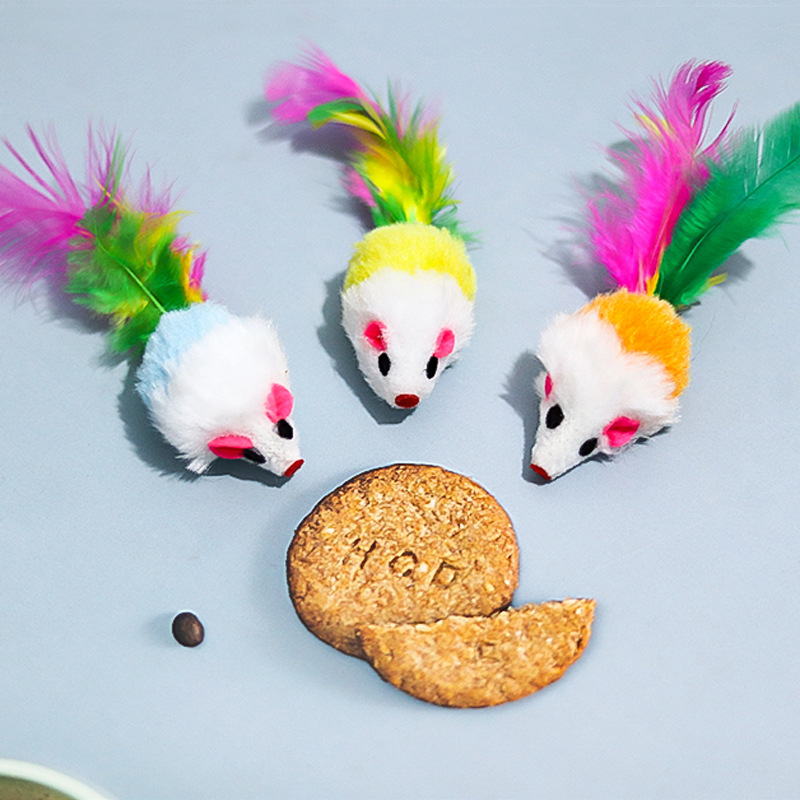 Plush Mouse Simulation Plush Colorful Feathers Cat Amusement Mouse Pet Supplies Self-Hi Cat Toy — image 2