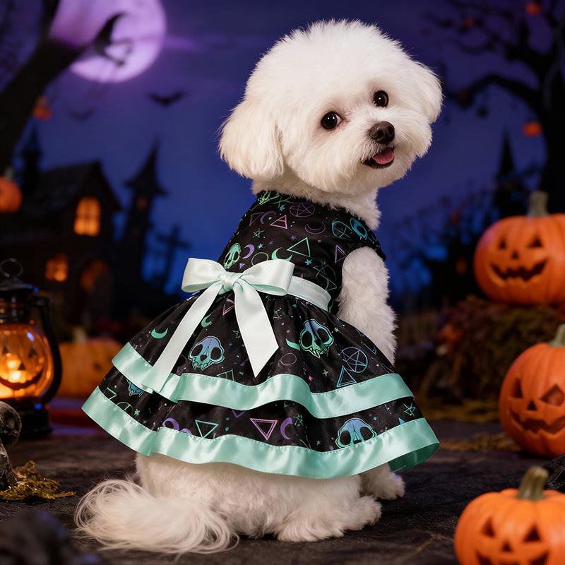 Pet Clothes Dog Halloween Pumpkin Colorful Skull Halloween Party Dress Double Layer Bow Skirt — image 5
