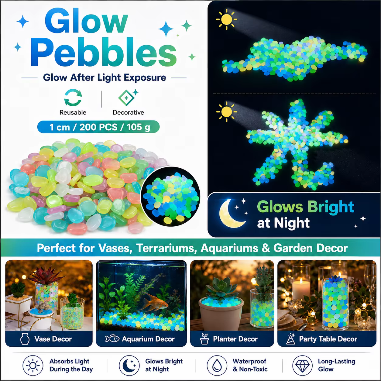 200 Piedras Fosforescentes de 1cm, Piedras Luminosas Multicolor para Acuario, Pecera, Florero, Jardín y Senderos, Adorno de Roca Fluorescente que Absorbe la Luz — imagen 3