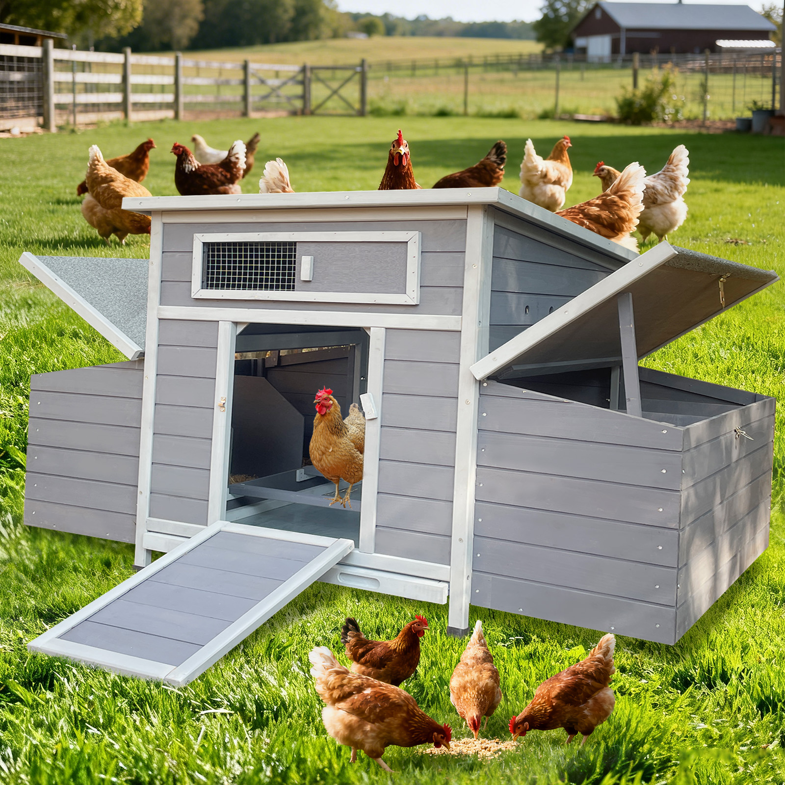 Large Wooden Chicken Coop Outdoor Hen House Poultry Cage For Outdoor With 2 Sides Nesting Boxes — imagen 1