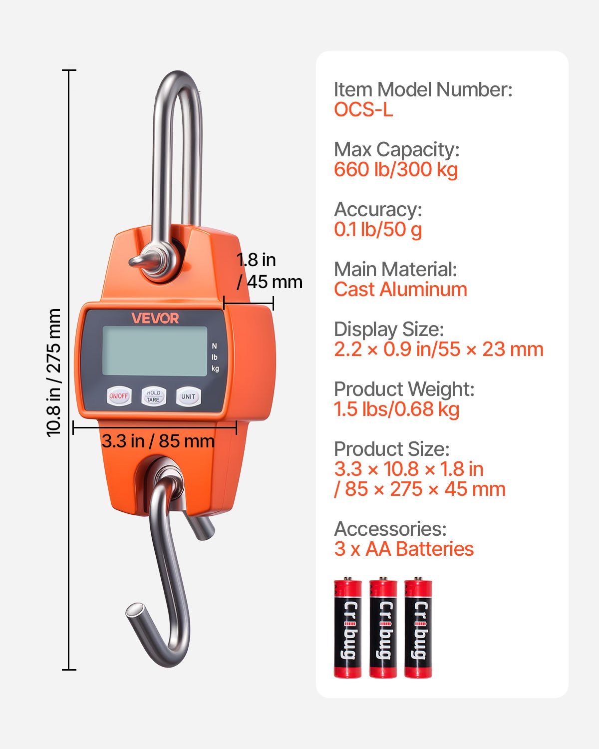 Escala de Grúa Digital, 660 Lbs/300 Kg Capacidad Máxima, Escala Colgante Portátil con Caso de Aluminio y Pantalla LCD, División 0.1 Lbs &amp; Interruptor de 3 Unidades, Diseño Portátil para Agricultura Caza Pesca, Naranja — imagen 1