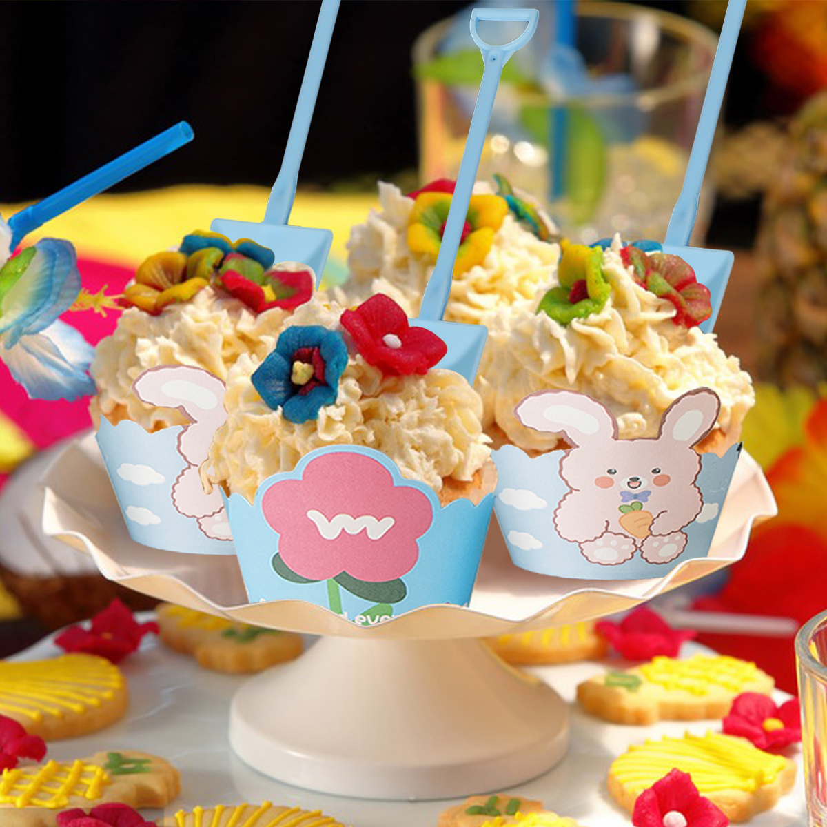 Cute Cupcake Liners Wrappers With Plastic Spoons Bunny Flower Pattern Paper Baking Cup Scalloped Edge Cupcake Muffin Cases For Easter Spring Birthday Wedding Holiday Party Supplies — image 3