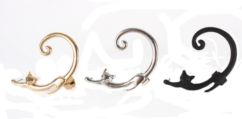 Single Piece Punk Style Cat Post Earring with Ear Cuff Rock Animal Black Stud Earring — image 4