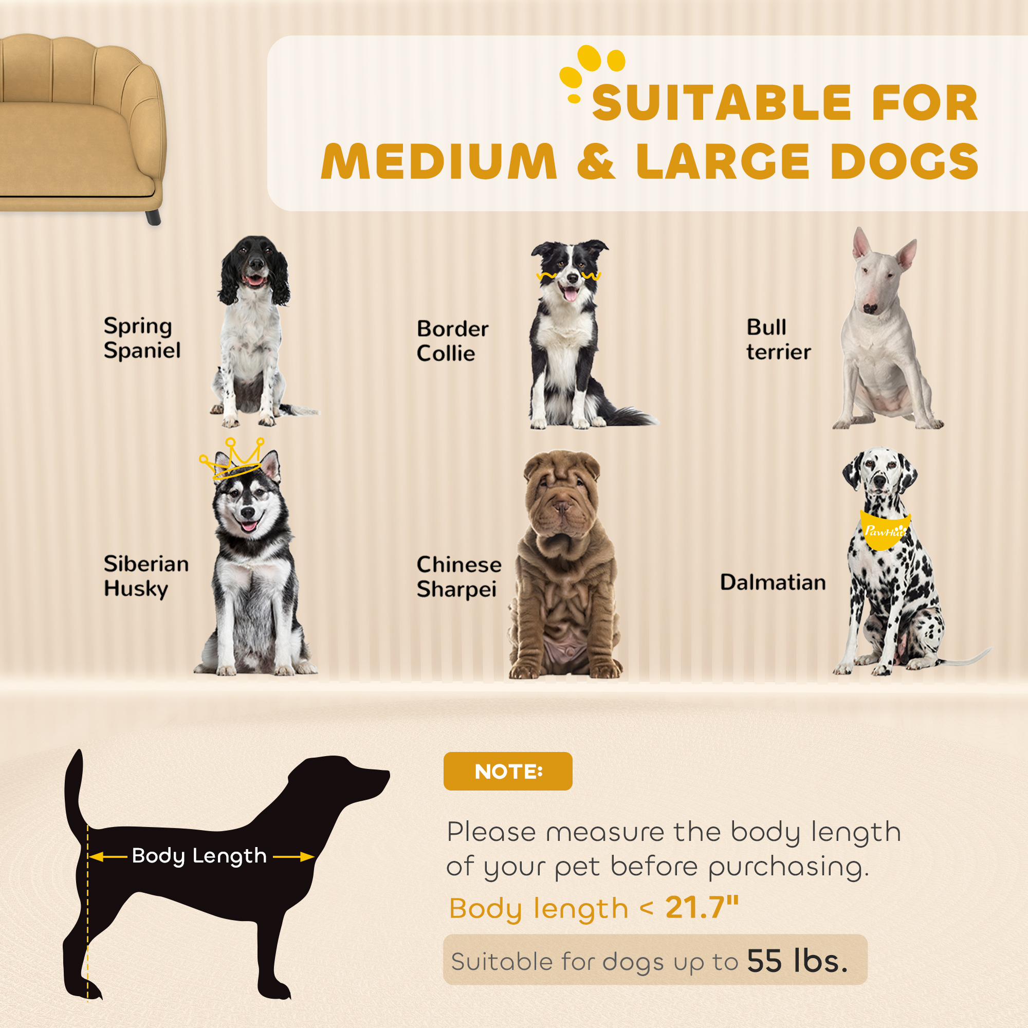 Sofá de Diseño de Perlas para Perros de Mediana y Gran Tamaño, Cama para Mascotas con Almohada y Patas de Madera Dura, Café — imagen 7
