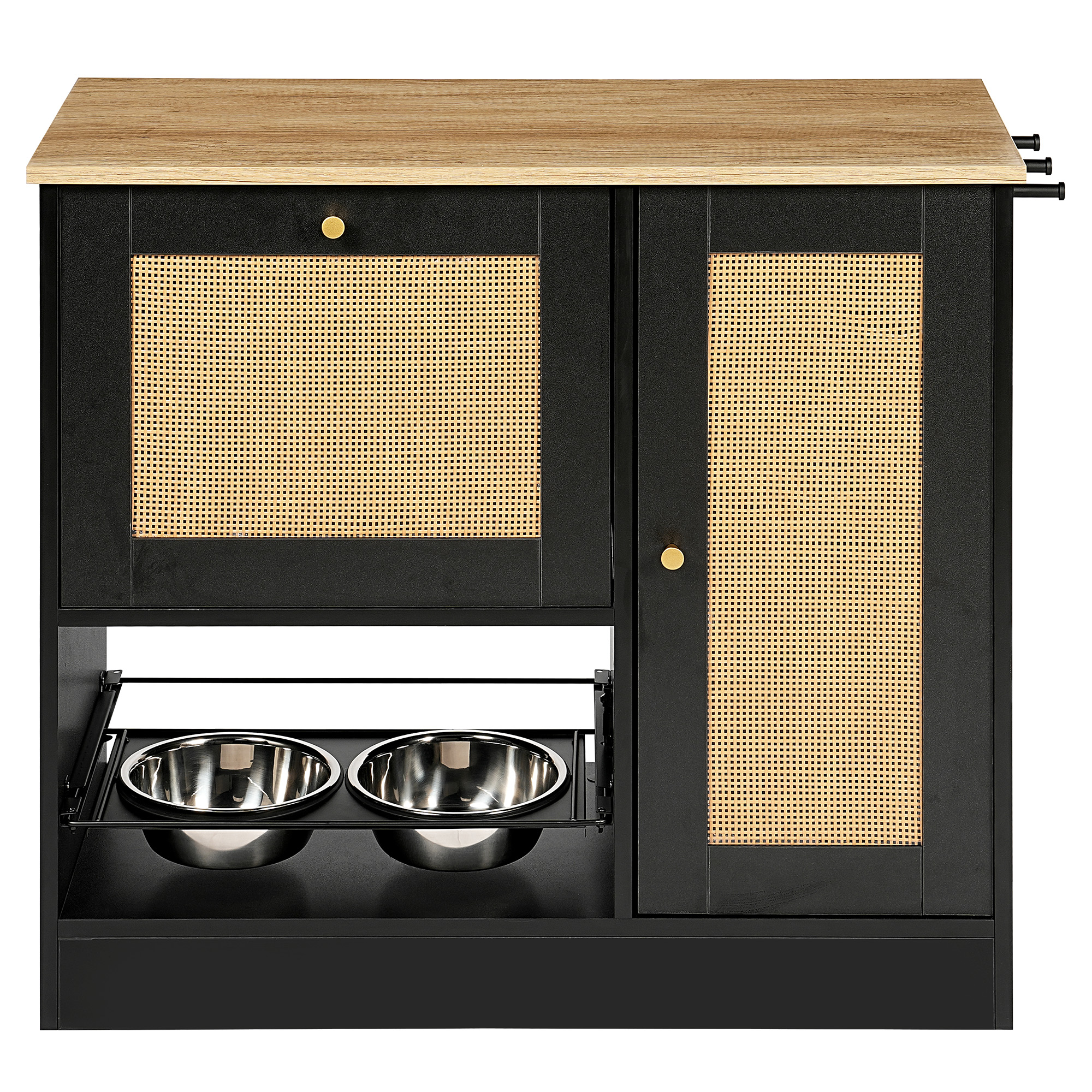 Feeding station with 2 lockers, pet feeding station with 2 elevated dog bowls, side hooks, anti-tipping kit, hidden pet feeding station for feeding and watering, rattan door, black — image 11