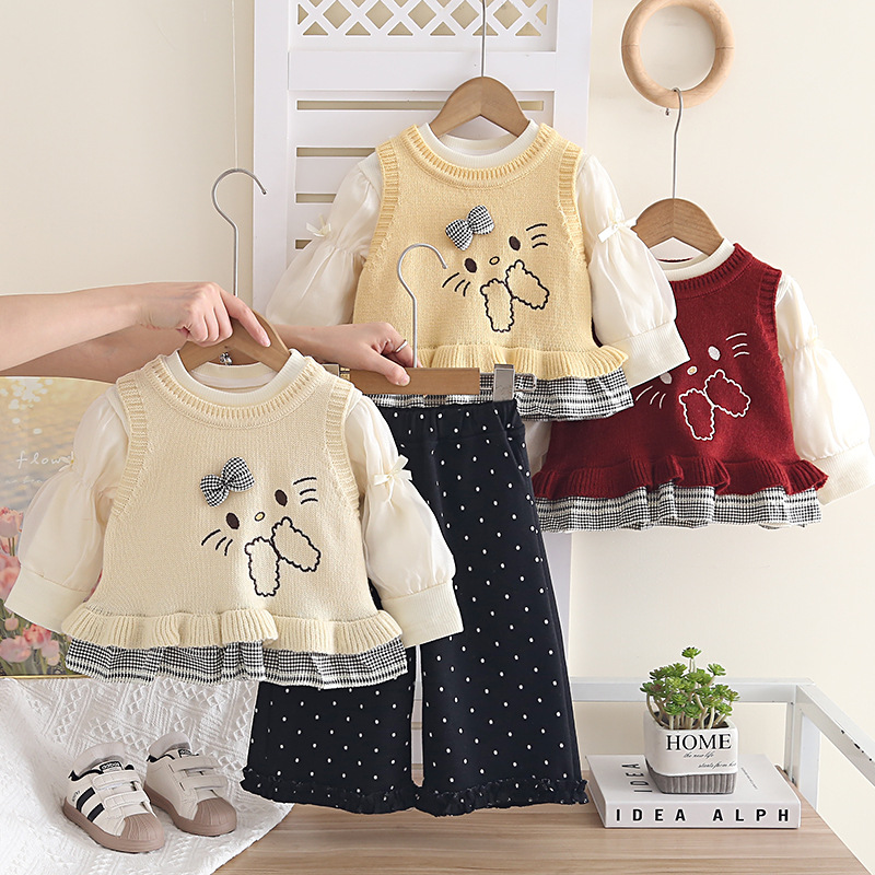 Girls Polka Dot Rabbit Sweater Three-Piece Autumn Spring Fashionable Outfit Set — image 3