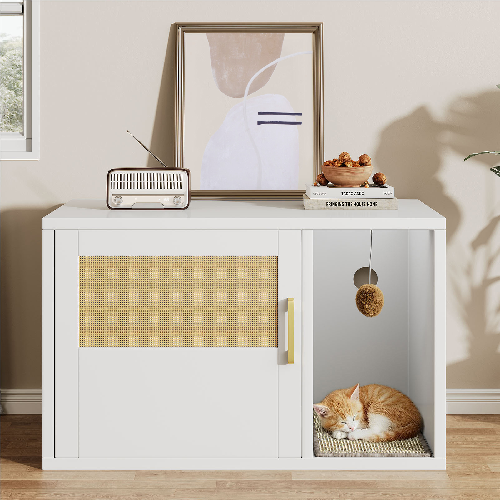 Caja de Limpieza para Gatos Multifuncional de Diseño Blanco Moderno Casa para Gatos con Lavabo y Mesa de Sílabo para Dormitorio y Salón — imagen 33