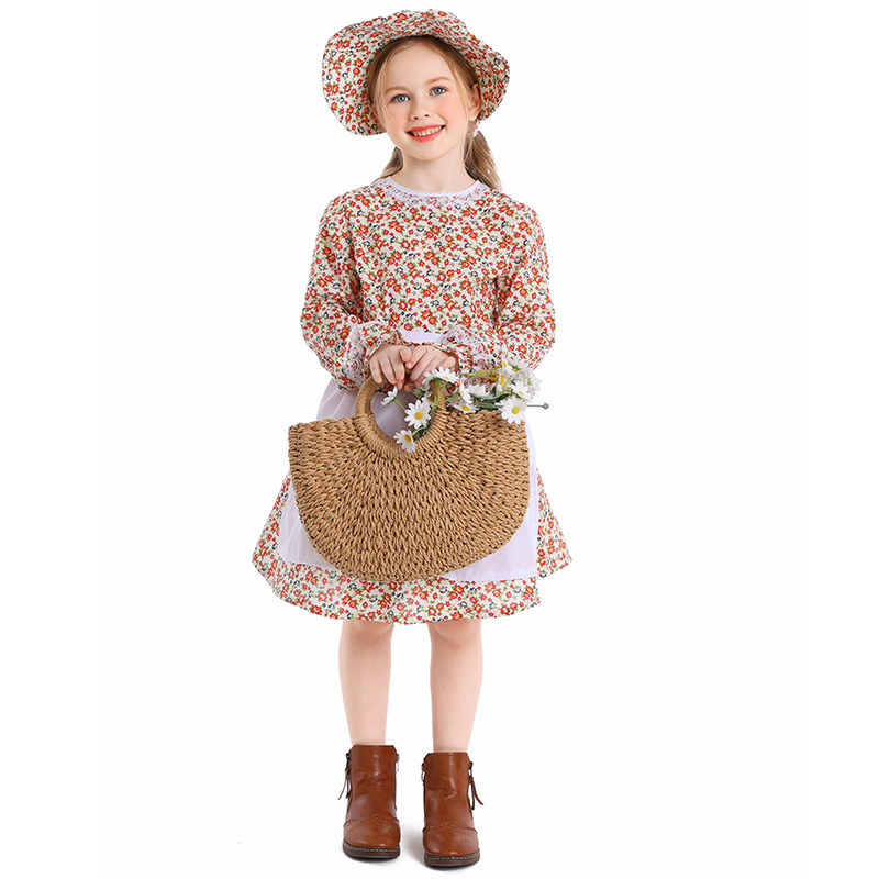 Children's Floral Maid Dress Vintage Farm Girl Stage Performance Costume Halloween Cosplay Outfit — image 3