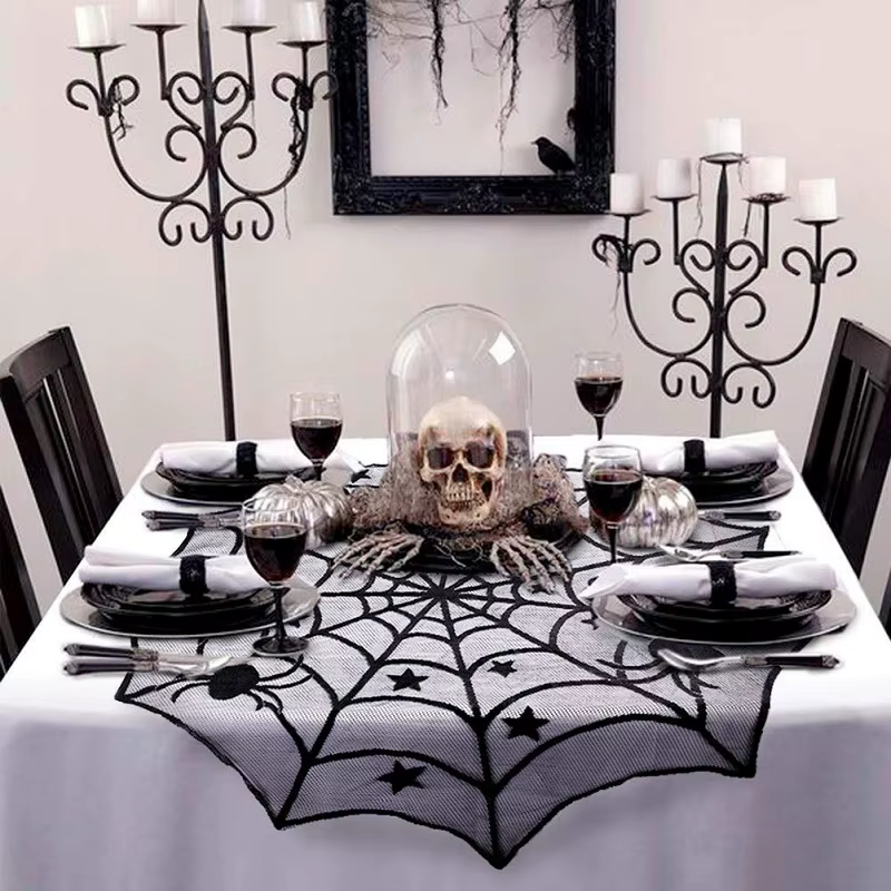 Halloween Decoration Lace Spider Web Skeleton Skull Tablecloth Black Fireplace Mantel Scarf Event Party Decoration Supplies — image 2